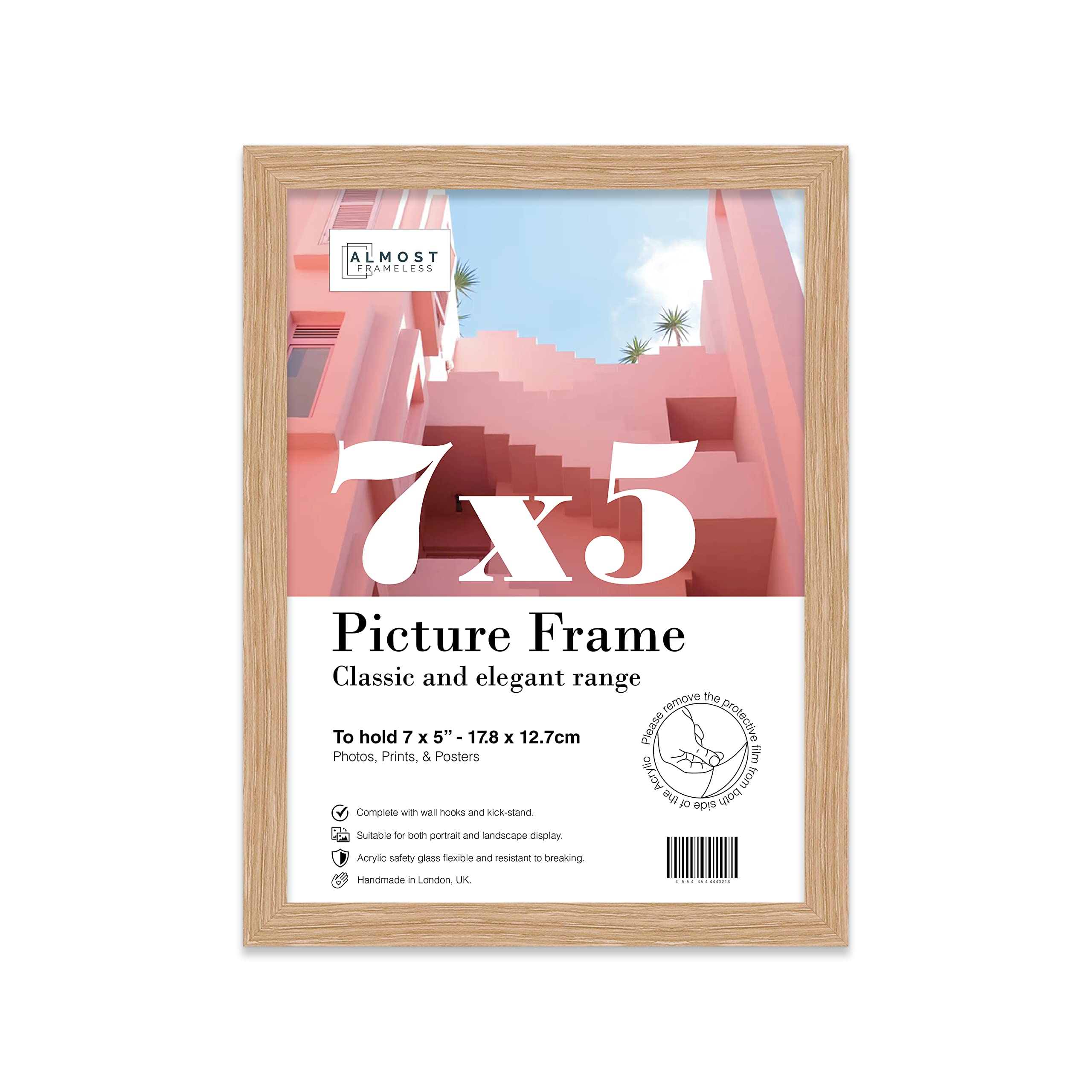 Almost Frameless 7x5 Oak Picture Frame 7"x5"(17.7x12.7cm) Poster, Photo, Artwork, or Print. Thin Edge Slim Frame Portrait and Landscape Display with Wall Hooks