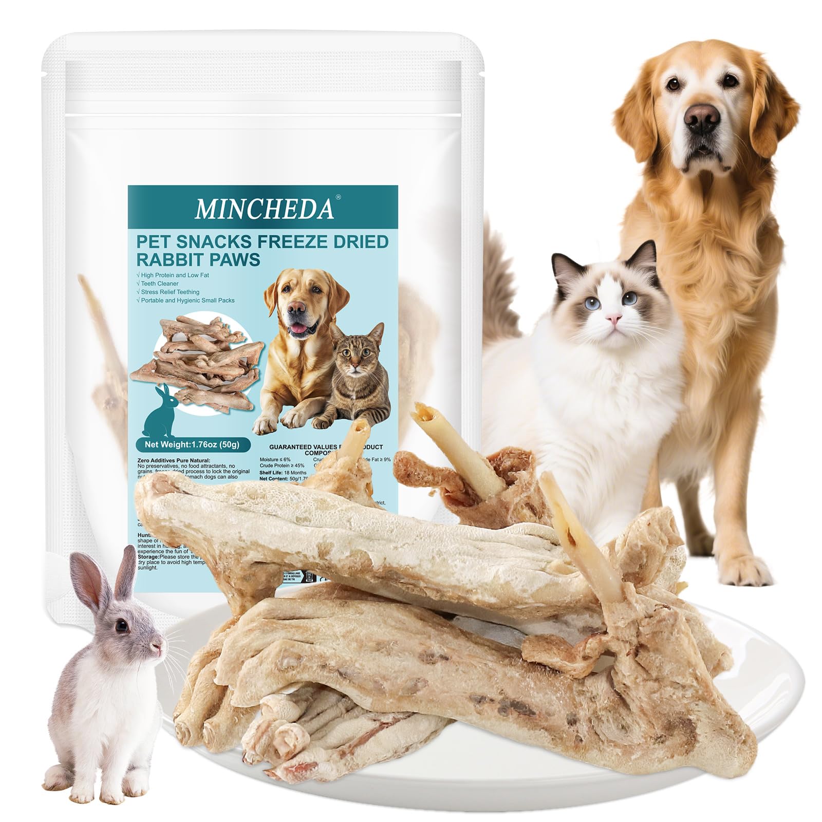 Friandises pour Chiens à Base de Pattes de Lapin lyophilisées Friandises à mâcher Naturelles sans céréales pour Chiens Single-Ingredient, High-Protein Snacks,Hypoallergenic (50g/1.76oz)
