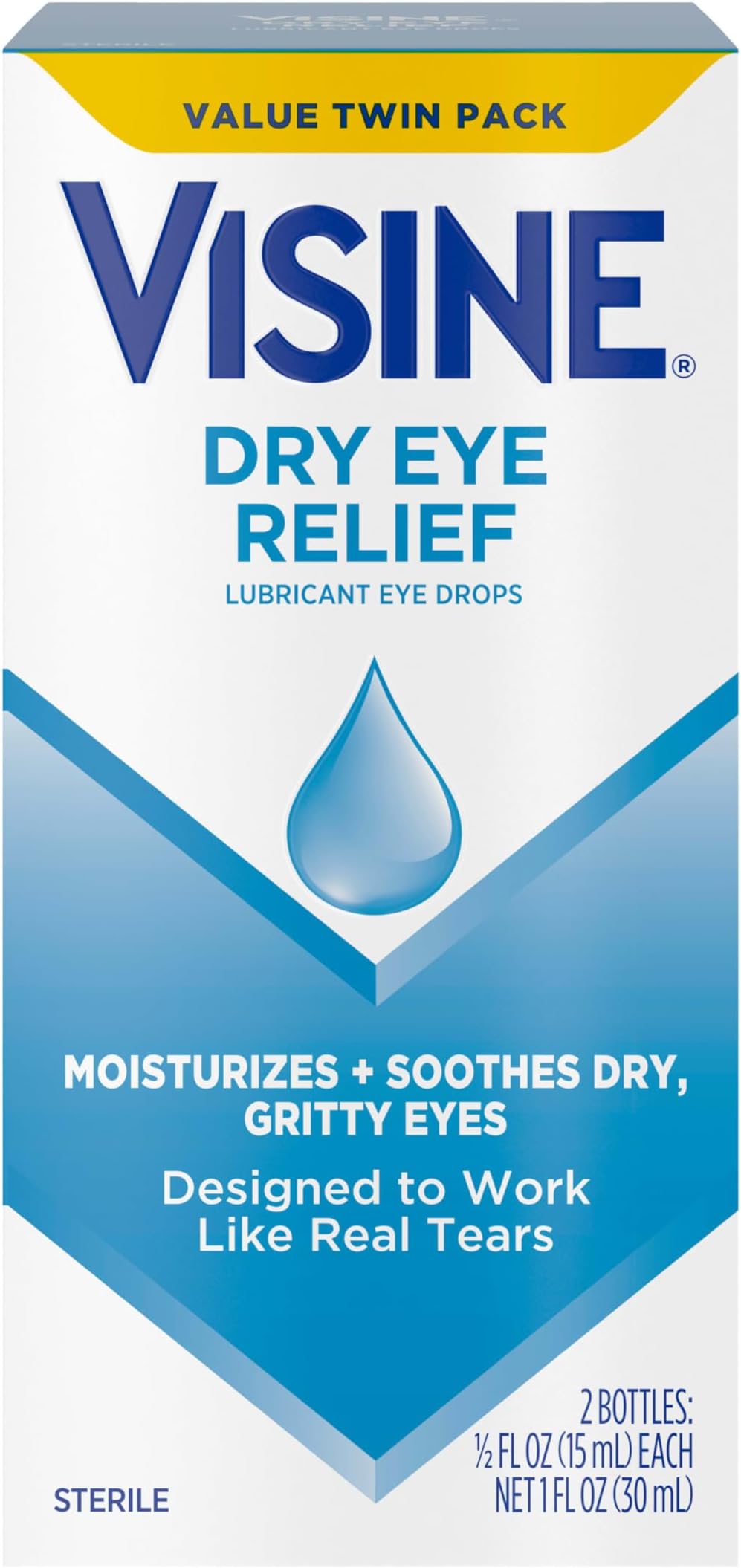 Visine Dry Eye Relief Lubricant Eye Drops to Moisturize and Soothe Irritated, Gritty and Dry Eyes, Designed to Work Like Real Tears, Polyethylene Glycol 400, Twin Pack, 2 x 0.5 fl. oz