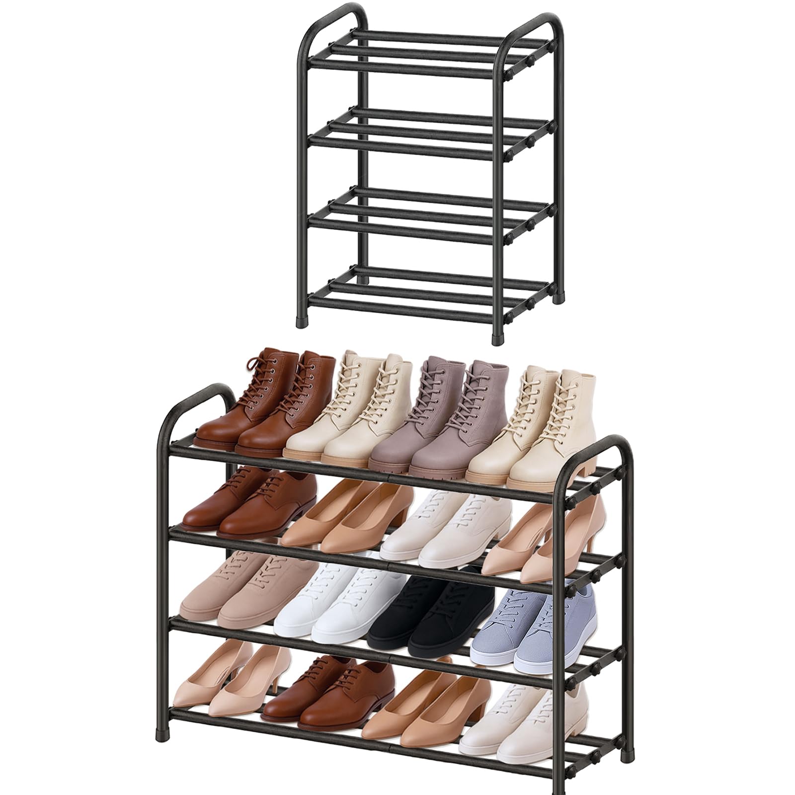 MIKVOYO 4 Tier Extendable Large Shoe Rack, Black Metal Narrow Adjustable Shoe Storage Cabinet for Wardrobe, Closet, Narrow Spaces, Hallway, Bedroom, Outdoor