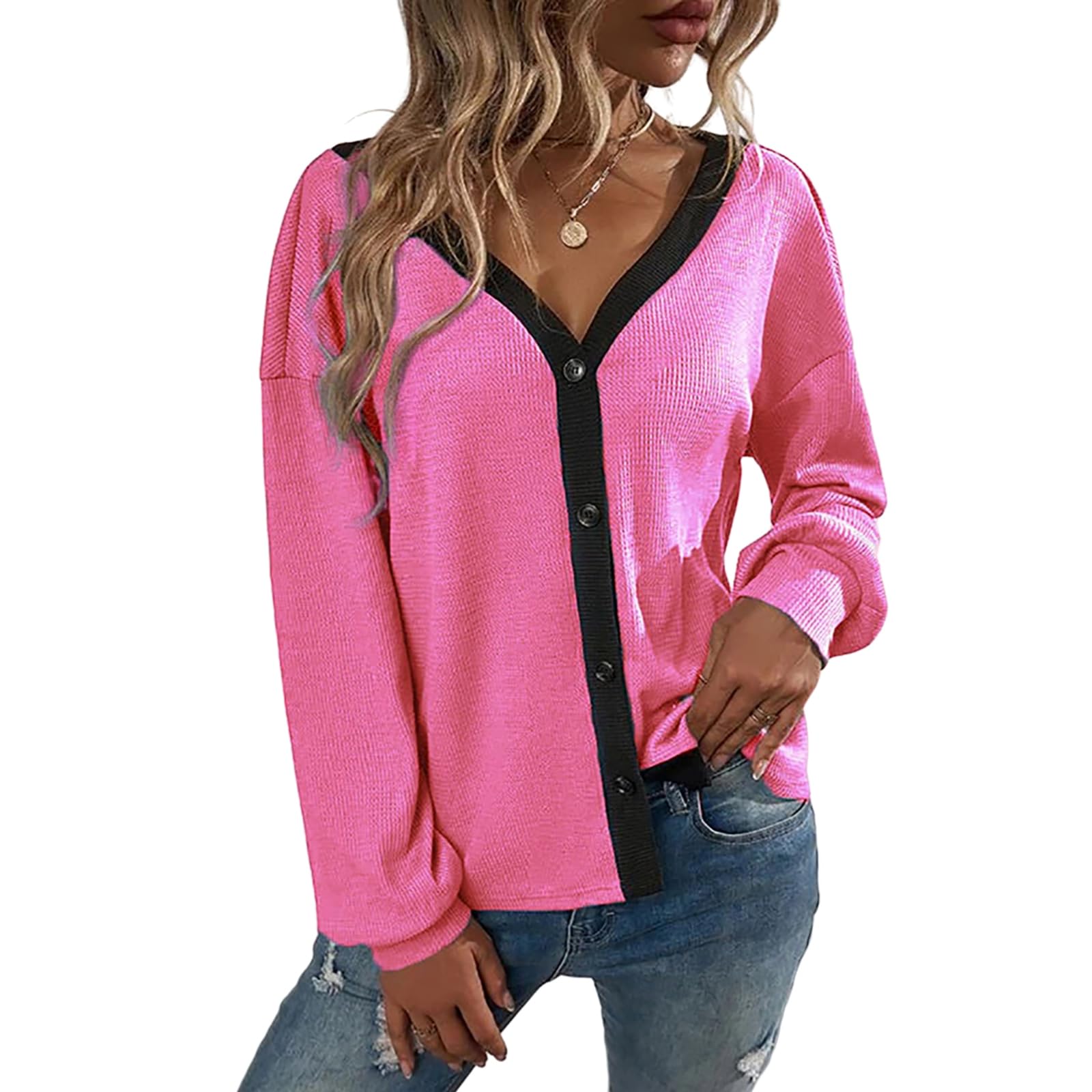 JanepamWomen Shirt Waffle Knit Button-Down V-Neck Long Sleeve Loose Shirts Casual Top Cardigan Jumper Blouse