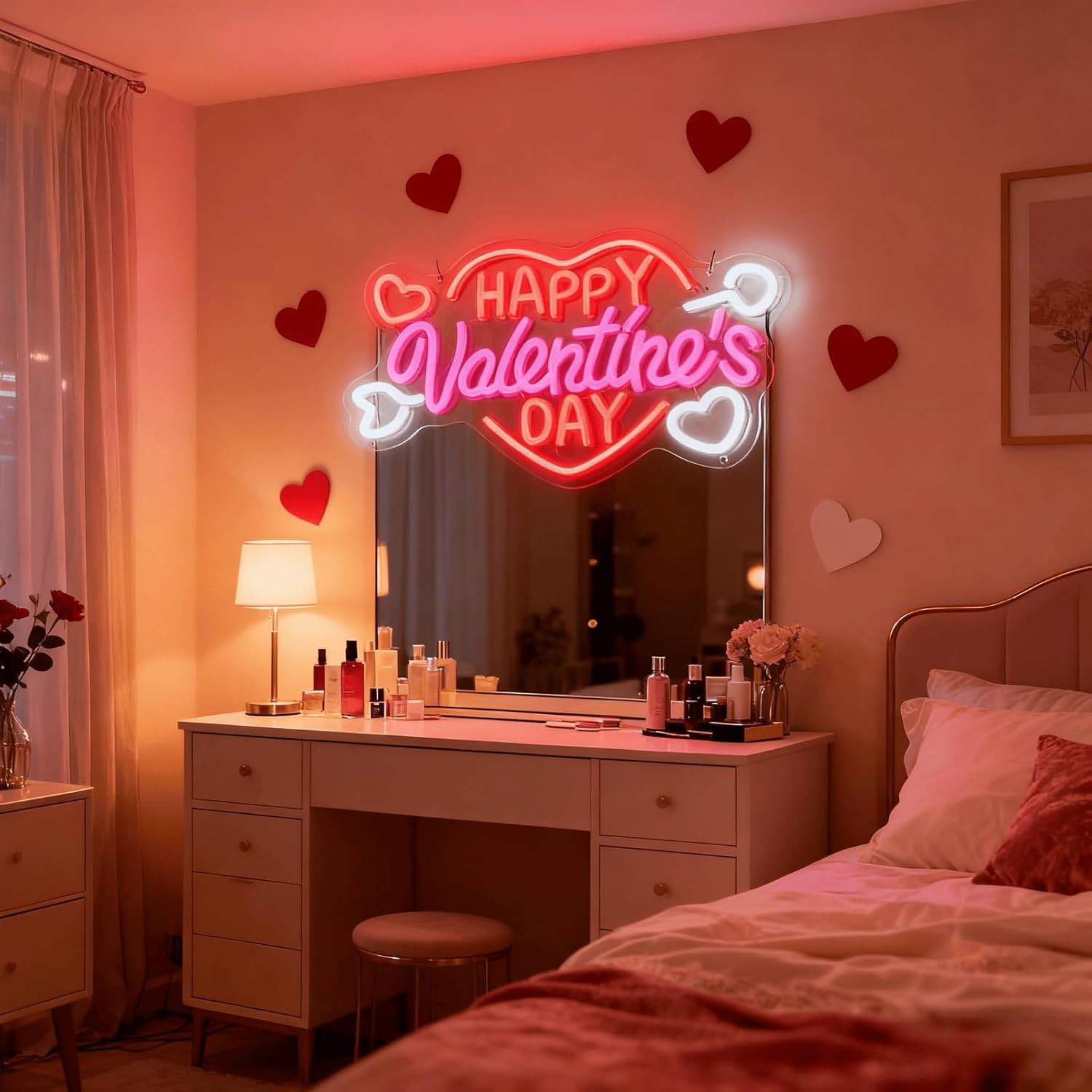 Valentines Day Love Heart Neon Sign for Wall Decor, USB Powered LED Lights with Dimmable, Pink Romantic Neon Signs for Bedroom Valentine's Day Birthday Best Gift
