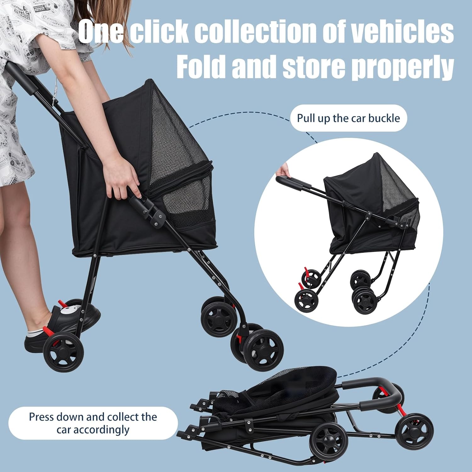 Pet Stroller for Small Dogs and Cats,Foldable Dog Strollers with Visible Mesh Lightweight Cat Stroller 360° Swivel Wheels & One-Touch Folding for Puppy Carrier Park Travel Black