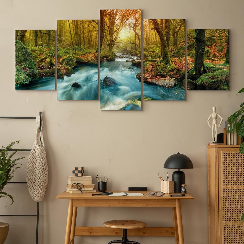 Cuadros B&D XXL - Quadro Paesaggio Natura Acquafall 200x100 cm 5 Pezzi - Stampa su Tela Canvas - Quadri Componibili Moderni Soggiorno Grandi - Murale Arte Decorazioni da Parete Decori -
