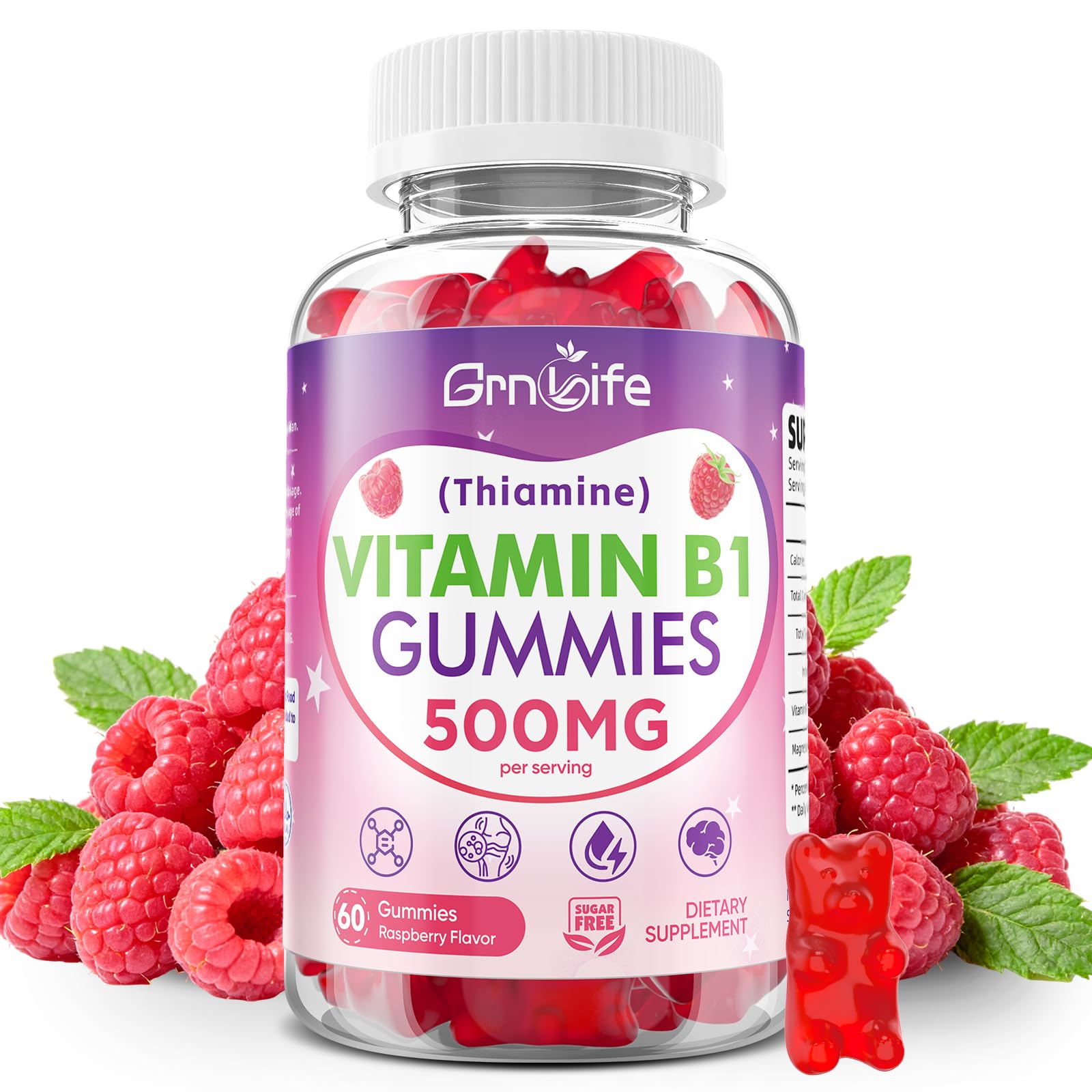 2 Pack Vitamin B1 Gummies 500mg for Adults & Kids – High Potency Thiamine B1 Supplement for Energy & Nervous System Support, Sugar-Free, Raspberry Flavor, 120 Count — Amazon image 8