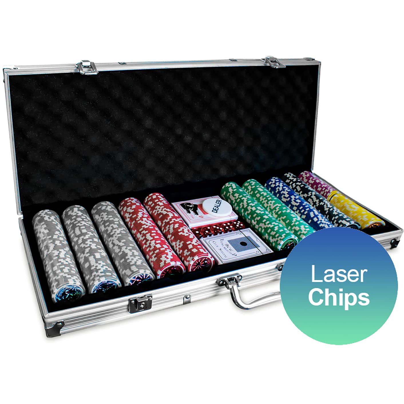 Eaxus® Maletín de póquer Deluxe – Juego de póquer Profesional de Premium con 500 fichas láser, Barajas de Cartas y Dados