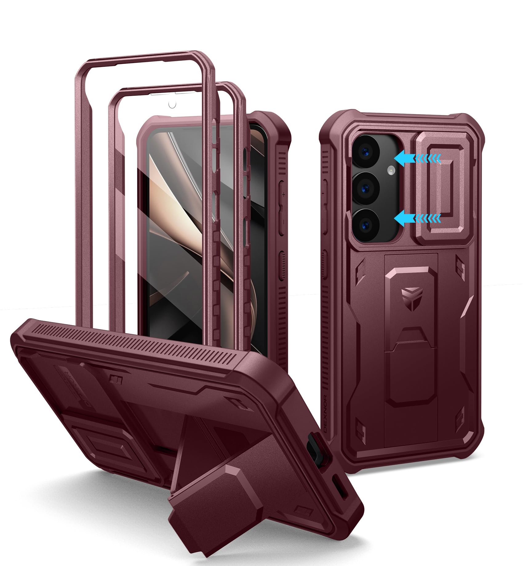Dexnor for Samsung Galaxy S25 Case with Built-in Slide Camera Cover &amp; Screen Protector &amp; Kickstand,Heavy-Duty Shockproof Rugged Case Full-Body Bumper Protective Cover for Galaxy S25(2025),Maroon Red