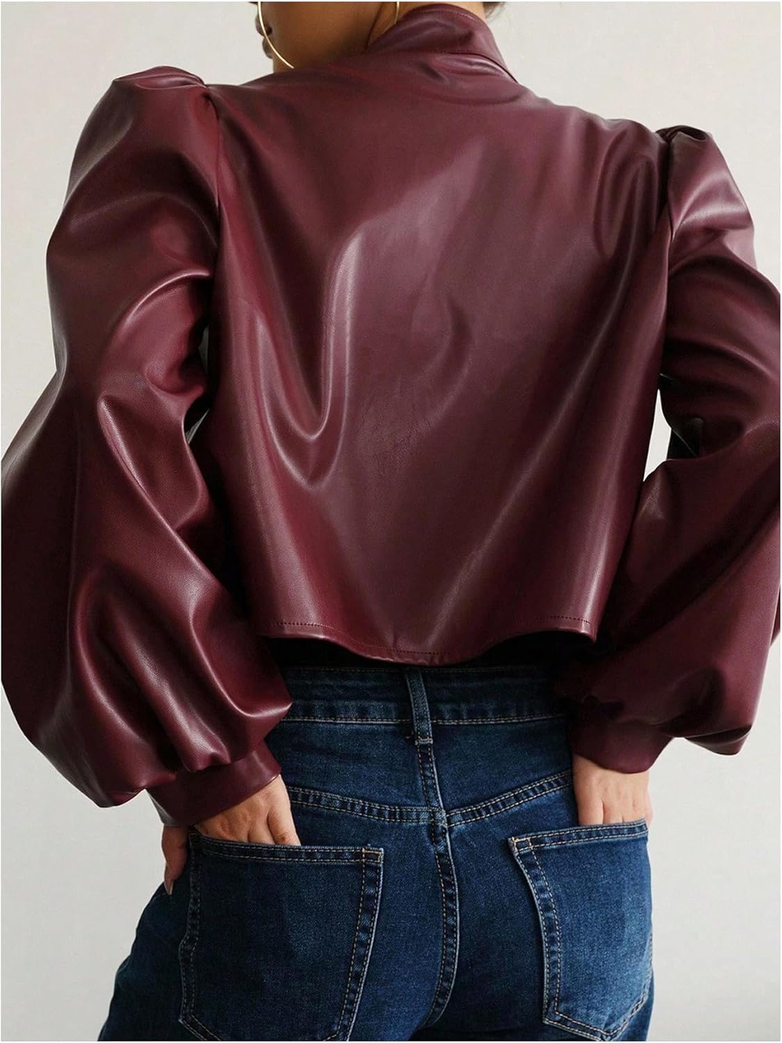 SweatyRocks Women's Faux Leather Jacket Puff Long Sleeve Button Down Cropped Jackets Lightweight Coat