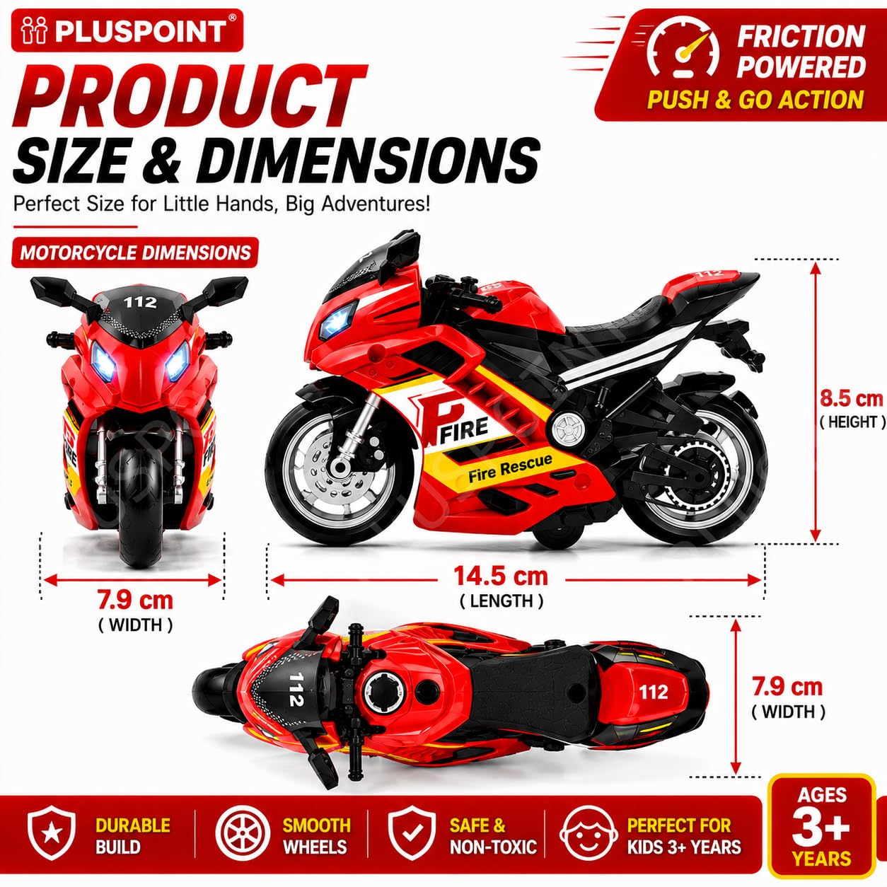 PLUSPOINT Fire Rescue Motorcycle Toy | Friction Powered Fire Bike with Lights, Music & Inertial Push and Go Action | Emergency Rescue Vehicle Toy for Kids Boys & Girls Age 3+ 3