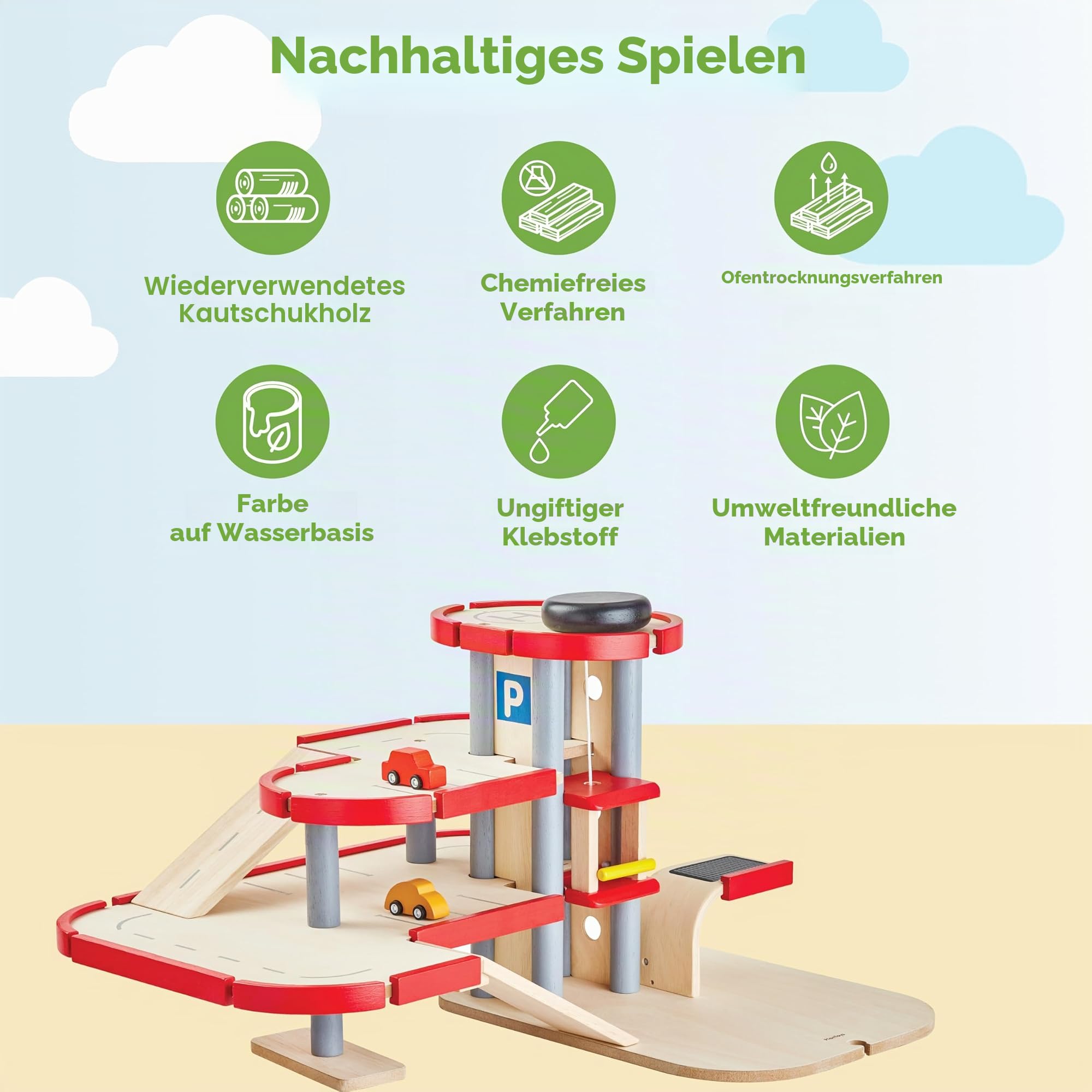 PlanToys Parkhaus für Kinder 3 jahre - Autobahn Kinder inkl. 2 Autos - Autorennbahn aus Holz - Parkgarage Holz - nachhaltiges Holzspielzeug