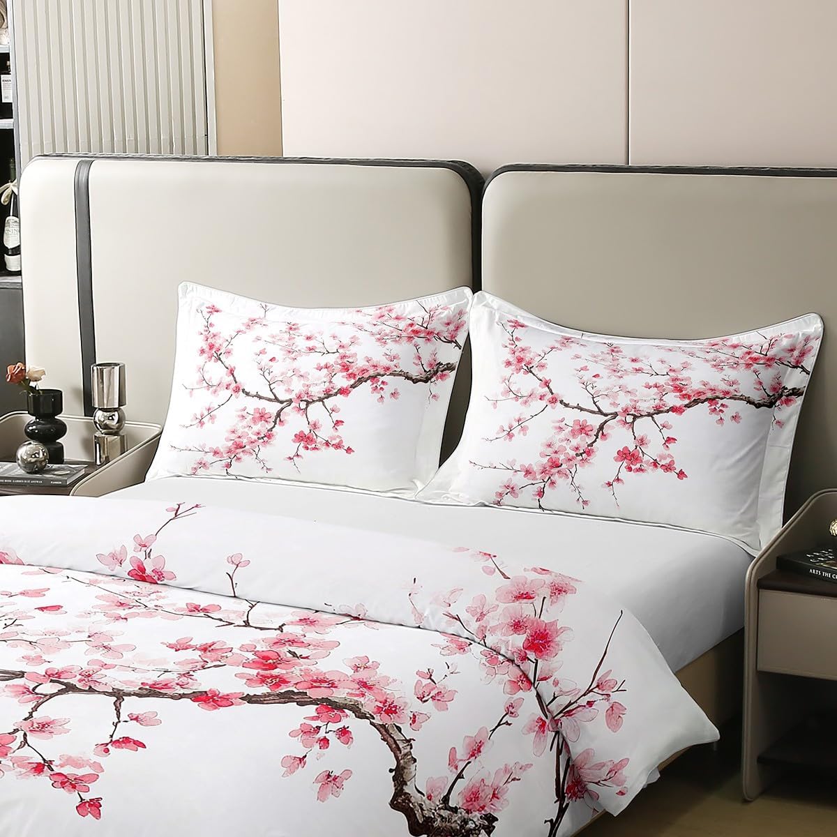 Cherry Blossom Cotton Duvet Cover Set(No Comforter),Japanese Style Pink Blooming Floral Bedding Set,Natural Garden Pink Red Flowers Aesthetic Quilt Cover Set,Ultra Soft Queen Size
