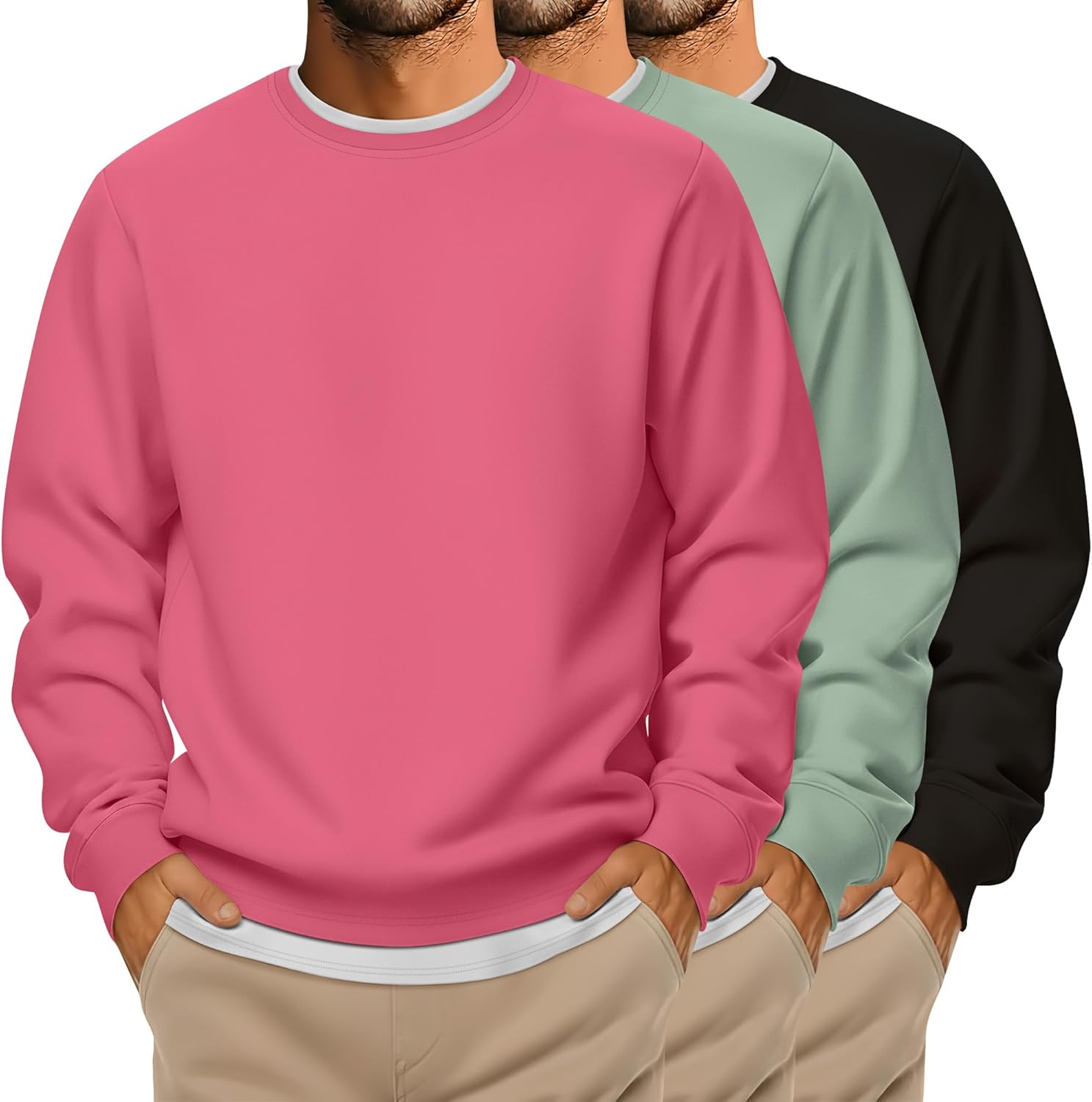 3 Packs Mens Big and Tall Sweatshirts Long Sleeve Crew Neck Pullover Shirts Lightweight Casual Basic Tops