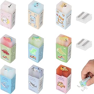 9 Pcs Cute Cartoon Animal Erasers for Kids, Kawaii Pencil Rubbers Pet Dinosaur Ocean World, 4.5CM Soft Novelty Fun Pastel Cube School Eraser with Pencil Sharpener for Writing/Drawing/Office Supplies