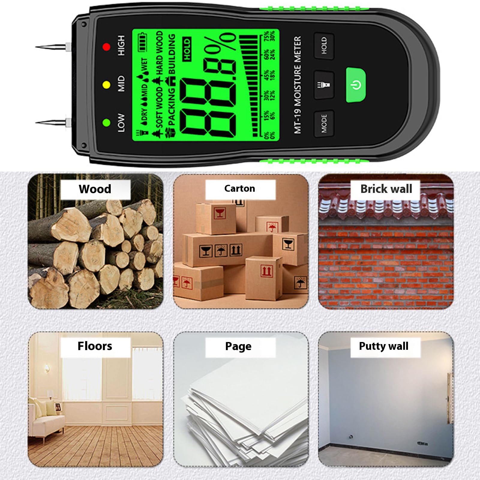 Medidor de lectura de madera de pantalla grande de alta precisión adecuado para uso en interiores y exteriores, trabajadores de la construcción, medidor de pared de ladrillos