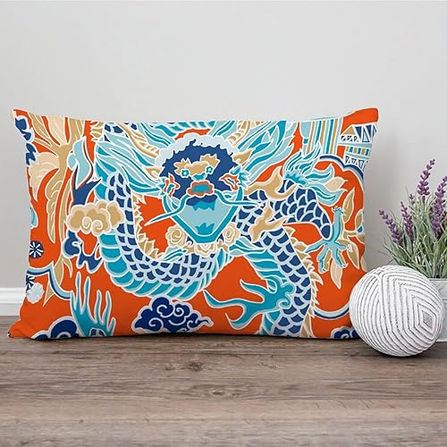 Miniatura 6 de ArogGeld Funda de almohada lumbar con diseño de dragón asiático, color azul y verde azulado, naranja, azul marino, turquesa, funda de cojín asiática