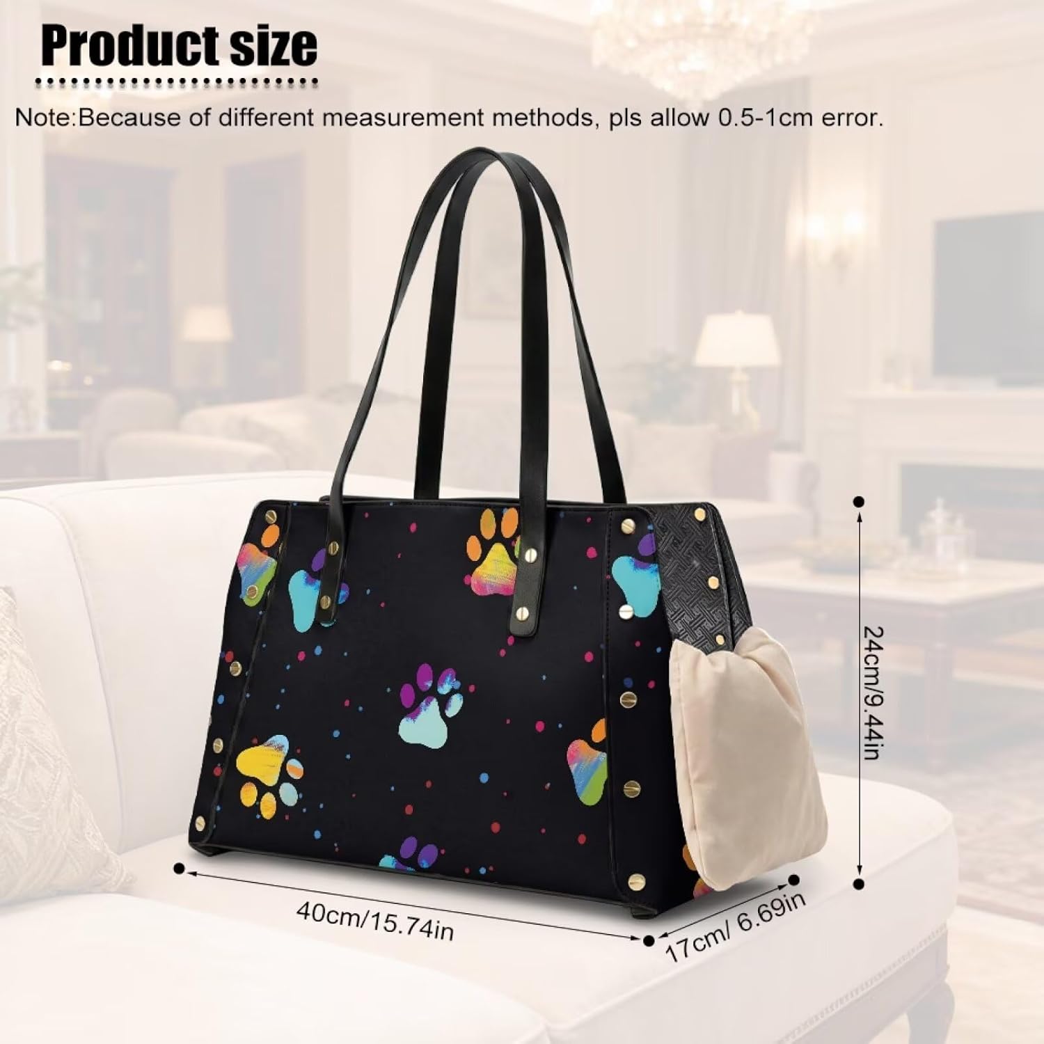 COEQINE Colorful Paw Prints Puppy Purse Carrier for Small Dogs 0-15 Ibs Pink Leather Hobo Bag Tote Sling Purses for Women Travel Small Pet Bag for Travel Daily Commuting,15x9x6 in