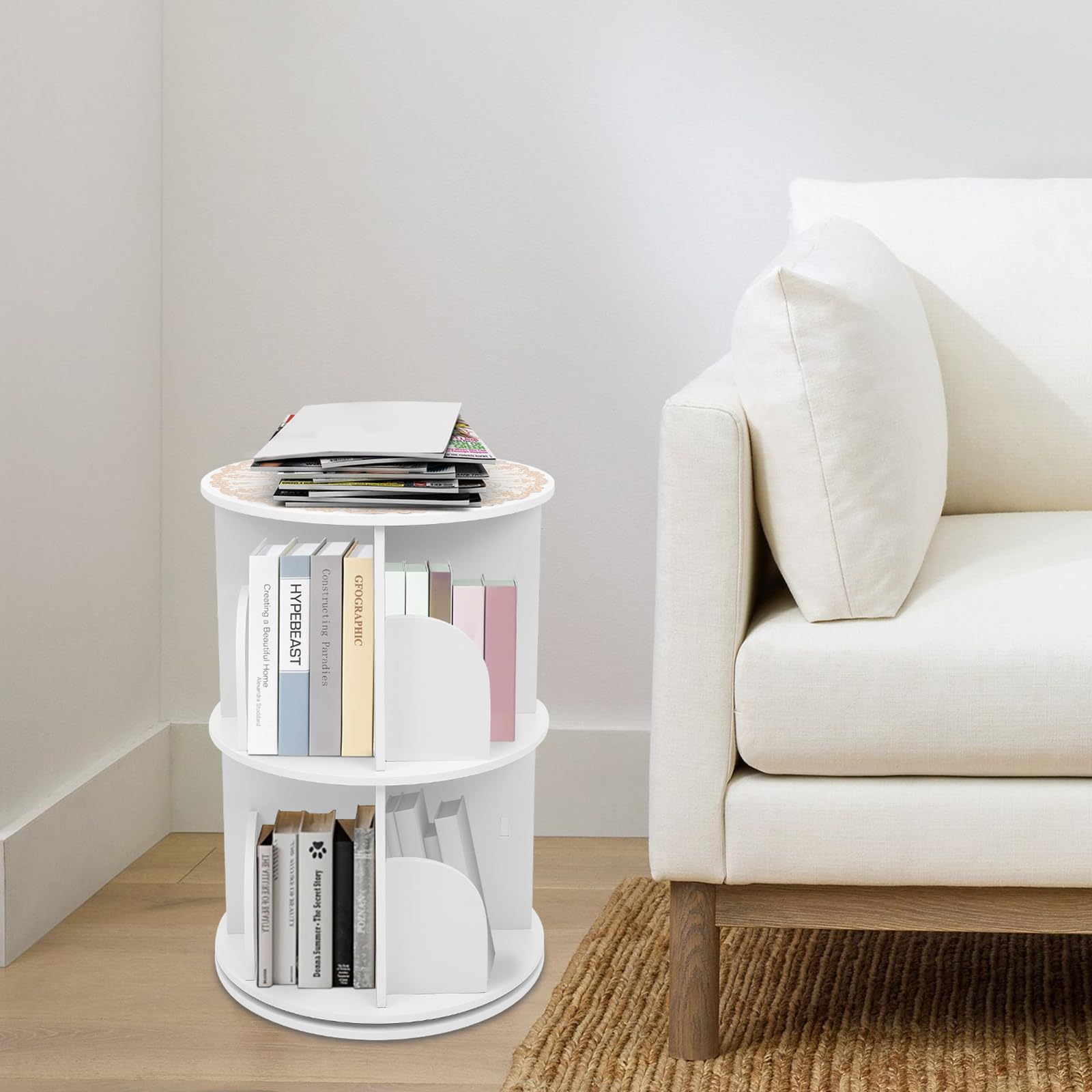 HAPPCUCOE 2 Tier Rotating Bookshelf Tower, Revolving 360 Book Shelf Narrow Tall Bookcase, Revolving Bookcase,Stackable Round Bookshelf Organizer,