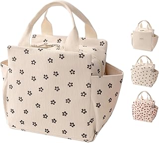 Square Corduroy Lunch Bag, Large Capacity Insulated Lunch Tote for Women & Men, Reusable Cooler Bag with Front Pocket for Work, Travel, Picnic (10.2"x7.3"x9.8", 0.45 lbs)