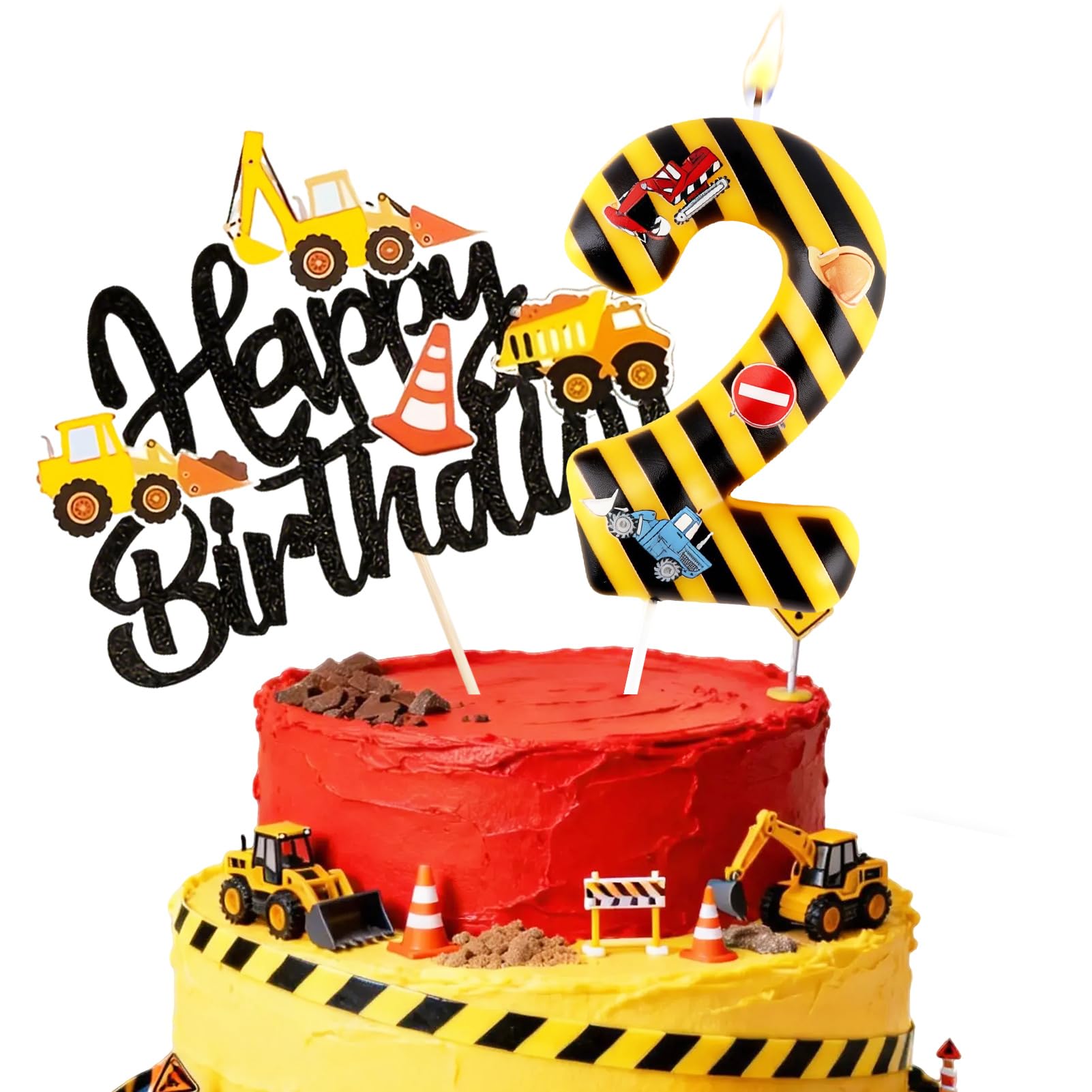 Birthday Candles for Cake, Yellow Black Striped Construction Number Candles, Cake Candles with Greeting Card for Birthday Party Wedding Anniversary Celebrations(2 Candle,Construction)