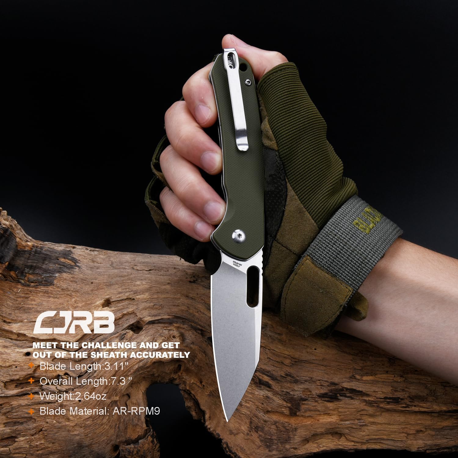 CJRB Pyrite-Alt (J1925A) Folding Pocket Knife, 3.11" Stonewash AR-RPM9 Steel Blade, Green G10 Handle, Manual Thumb Hole Open, Button Lock EDC Knife for Outdoor Hiking