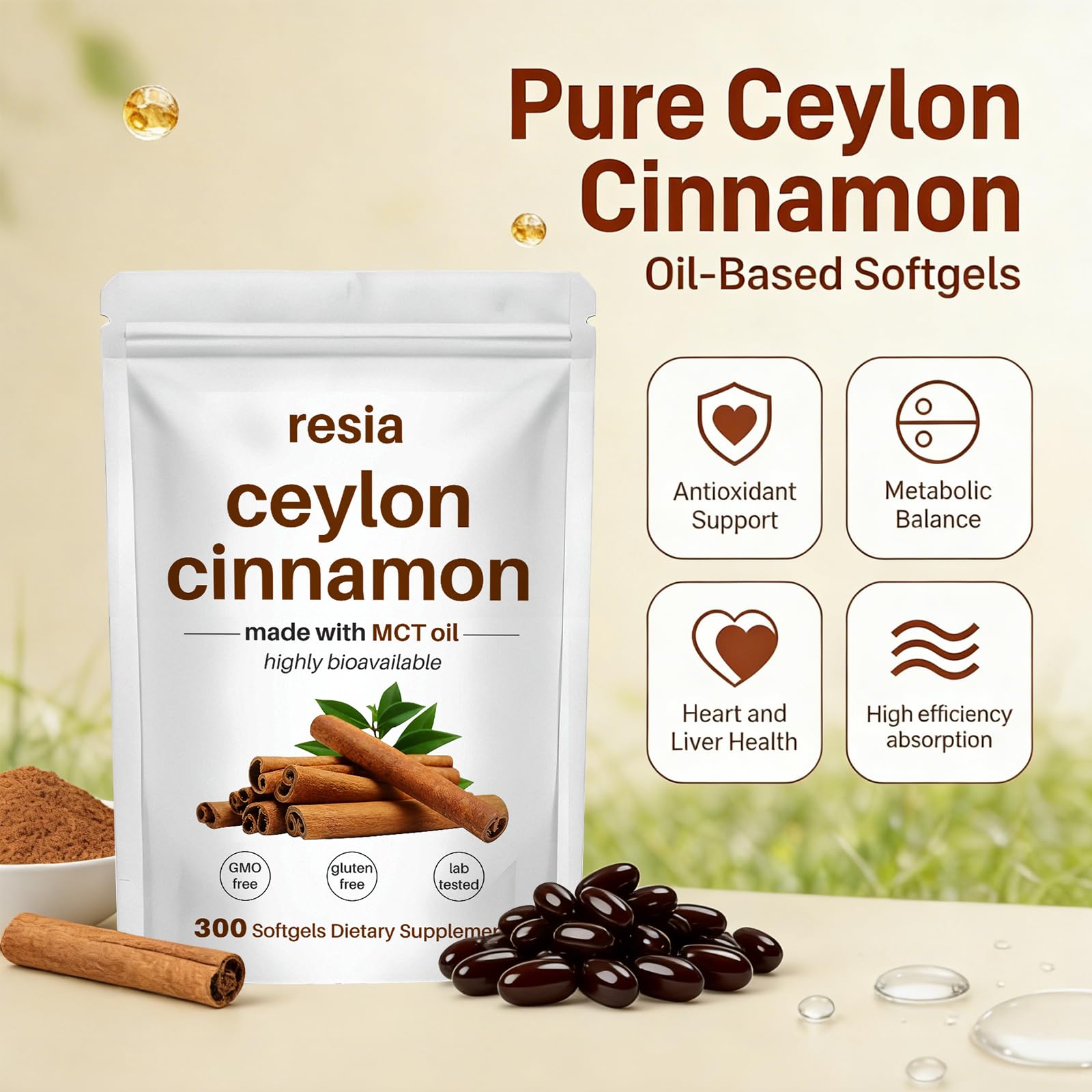 RESIA Ceylon Cinnamon Softgels with MCT Oil, Herbal Cinnamon Extract for Daily Wellness Support, Non-GMO, Gluten Free, 300 Softgels — Amazon image 4