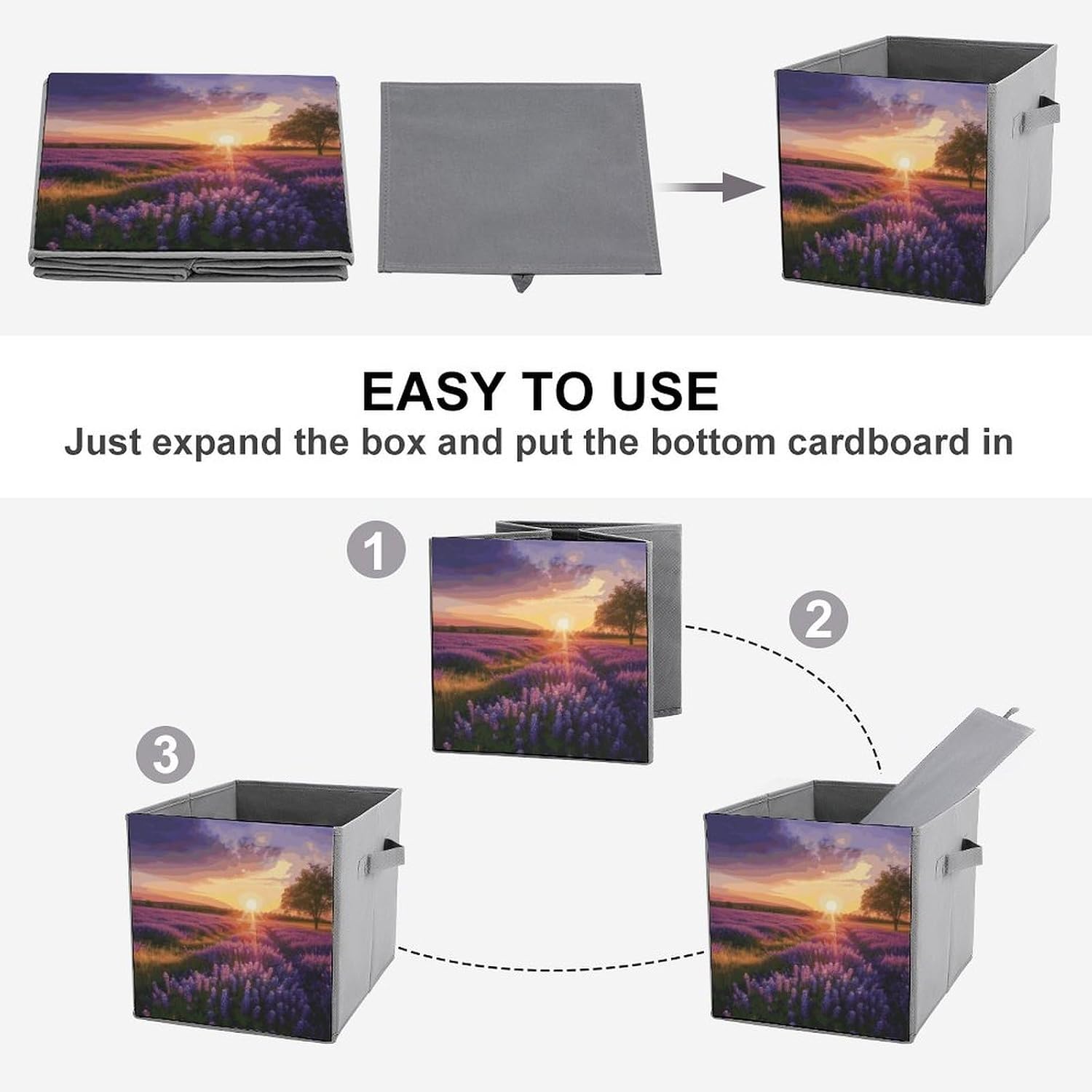 Folding Storage Bins Oxford Fabric Clothes Storage Boxes with Handles | Lavender Meadow Cube Organizer, Easy to Store, Multi Functional Cube Storage Organizer for Office Bedroom