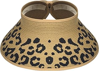 Women Sun Visors Foldable Straw Hats Summer Beach Packable Hat Floppy Wide Brim Cap Deep Style, Adjustable Size Leopard Grain