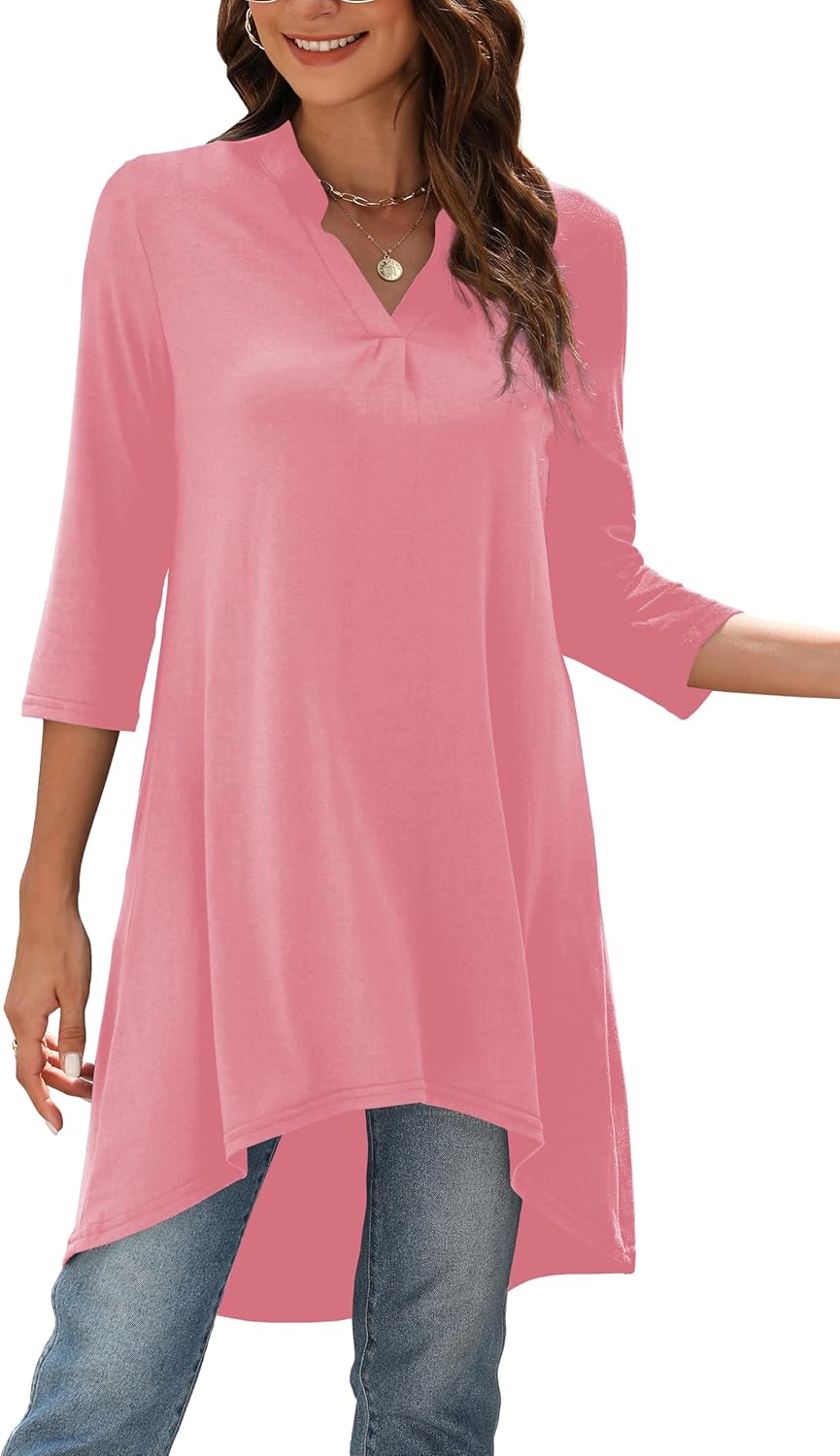 Naggoo Women's 3/4 Sleeve Notch V Neck High Low Loose Fit Long Tunic Tops Shirts Blouses M-3XL