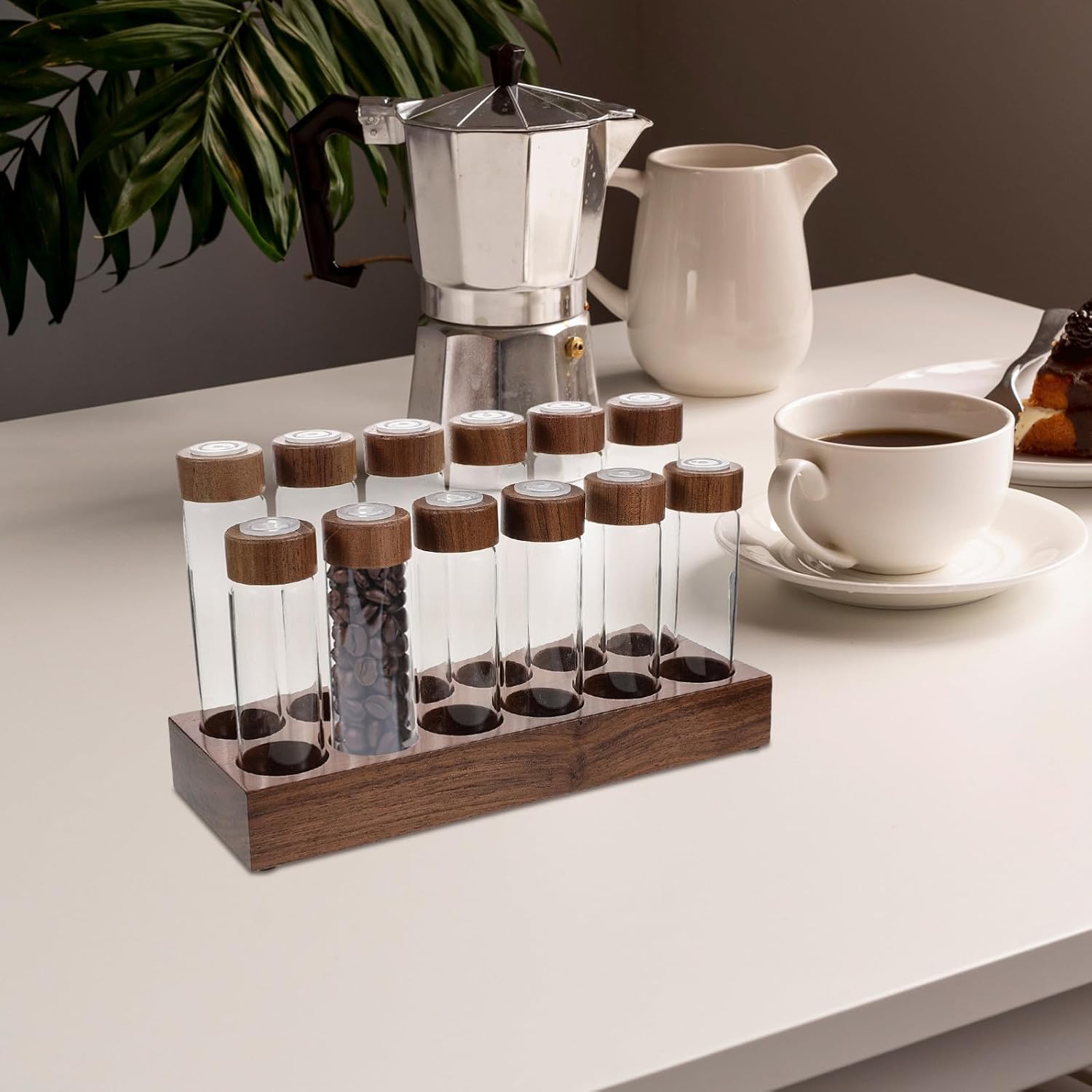 Ipetboom Glass Coffee Bean Storage Container Set with Walnut Wood Base and Ventilated Solid Wood Lids, 12 Single Dose Glass Vials (17g 20g) for Home Coffee Organization and Display