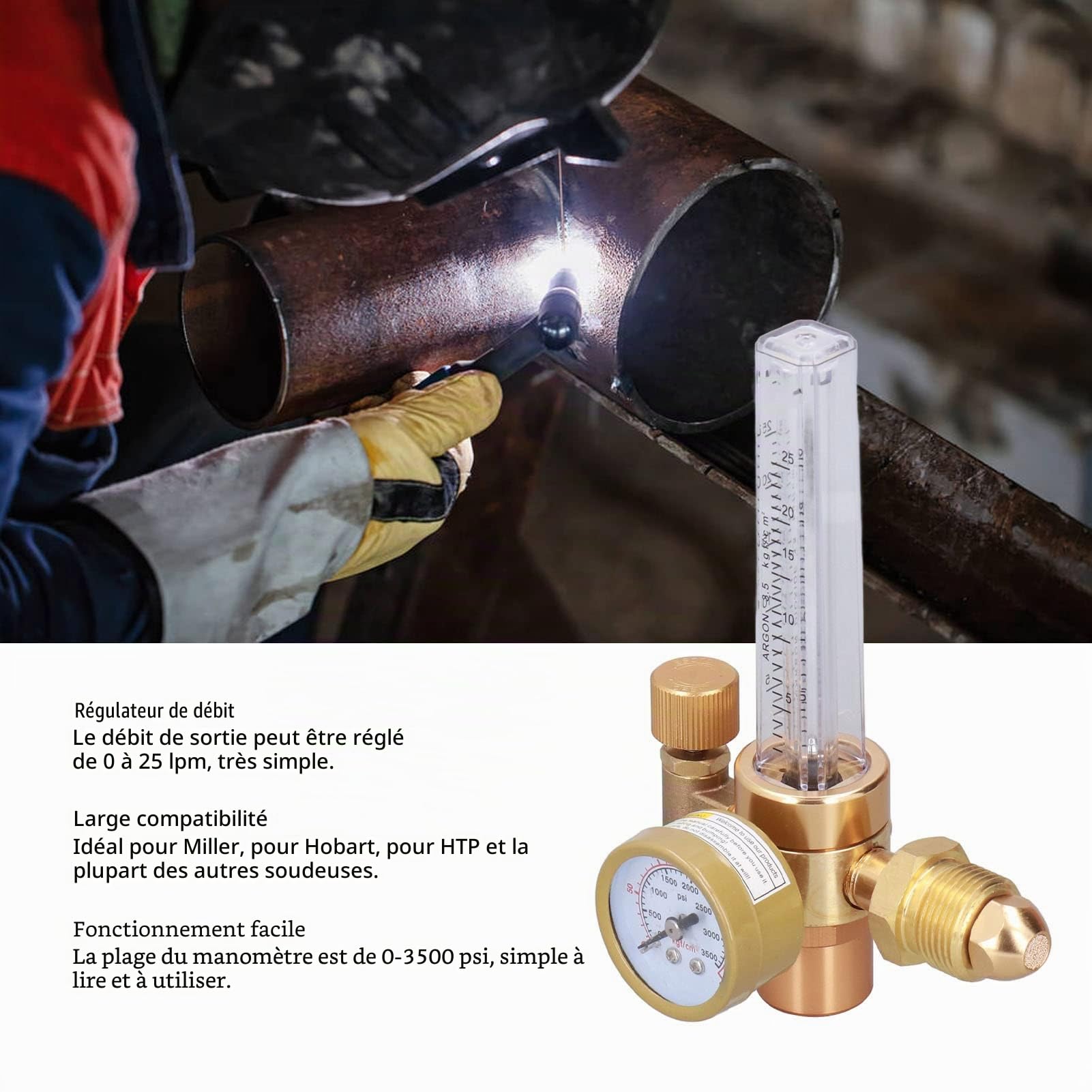 Artillery Régulateur Argon, Régulateur de débit Mig/Tig avec Echelles CO2 Argon Réducteur de Pression Jauge Débitmètre de Soudure Régulateur de CO2 en Cuivre pour Soudage MIG