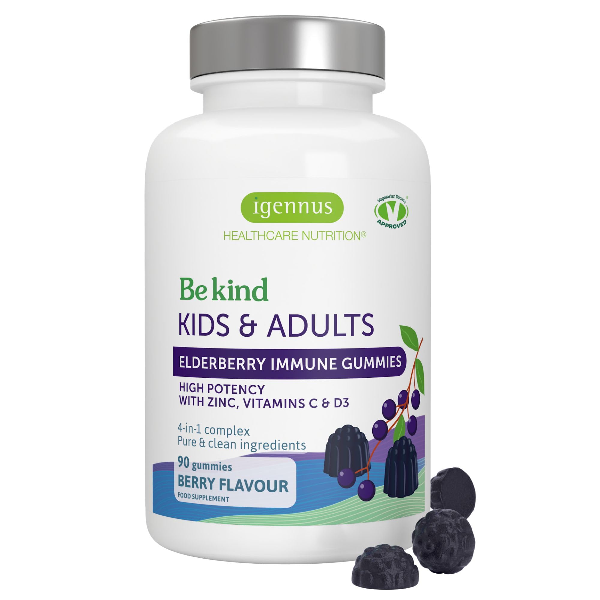 Igennus Holunderbeeren Gummies für das Immunsystem, 4-in-1 Komplex mit Vitamin C, D3 & Zink, 75:1 Extrakt, Vegane Nahrungsergänzung für Kinder ab 4 Jahren & Erwachsene, Beerengeschmack, 90 Gummis