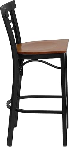 Miniatura 4 de Flash Furniture HERCULES Series - Taburete de bar de metal con respaldo de escalera de dos listones color negro - Asiento de madera de cerezo