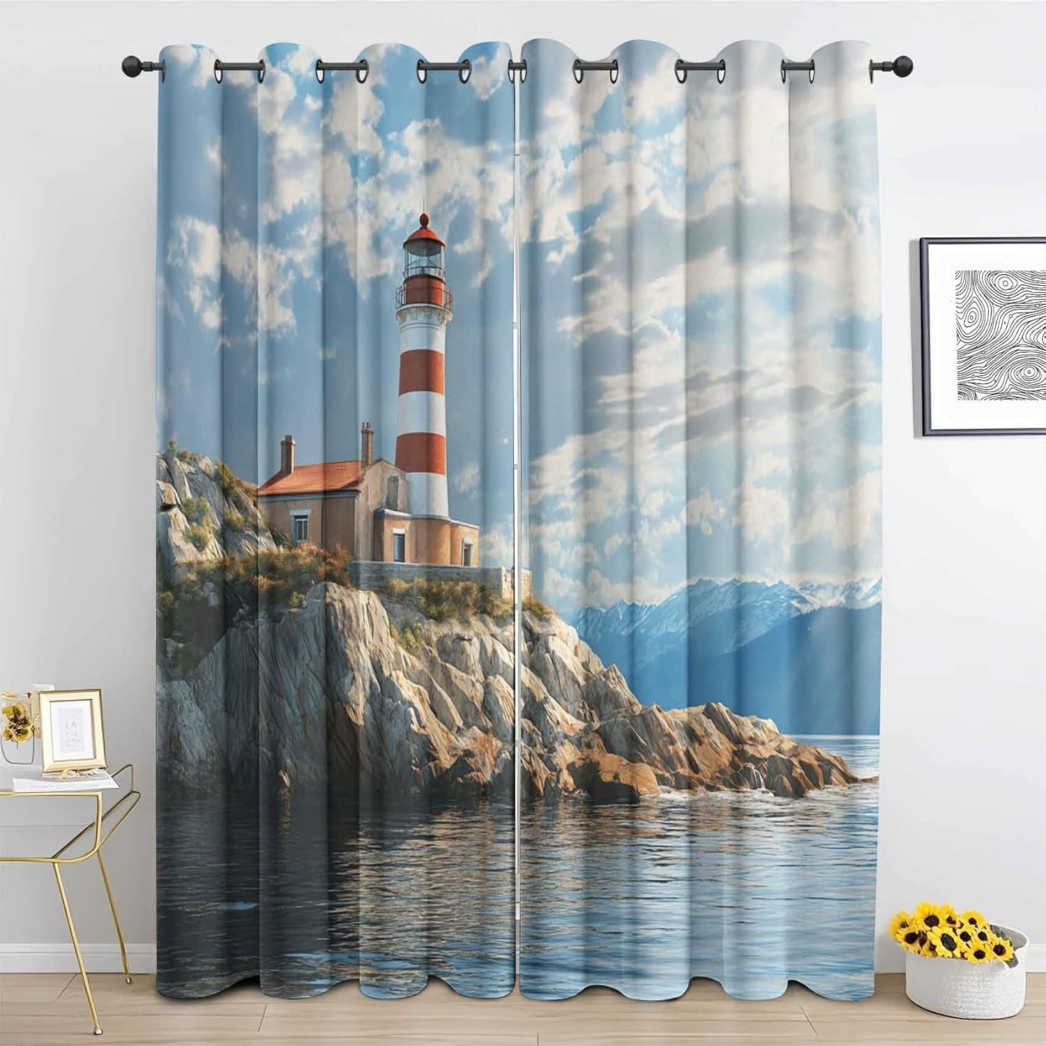 Japanese Lighthouse Curtains 63 Inch Length 2 Panels, Ocean Waves Blackout Curtains for Bedroom Living Room Decor, Nautical Theme Window Treatment Black Out Drapes with Grommet