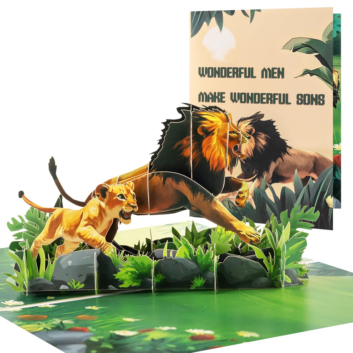 CNLITHEKA Lion Pop Up Card for Men, Happy Fathers Day Card from Son, for Dad, Husband, Includes Envelope and Note Tag.
