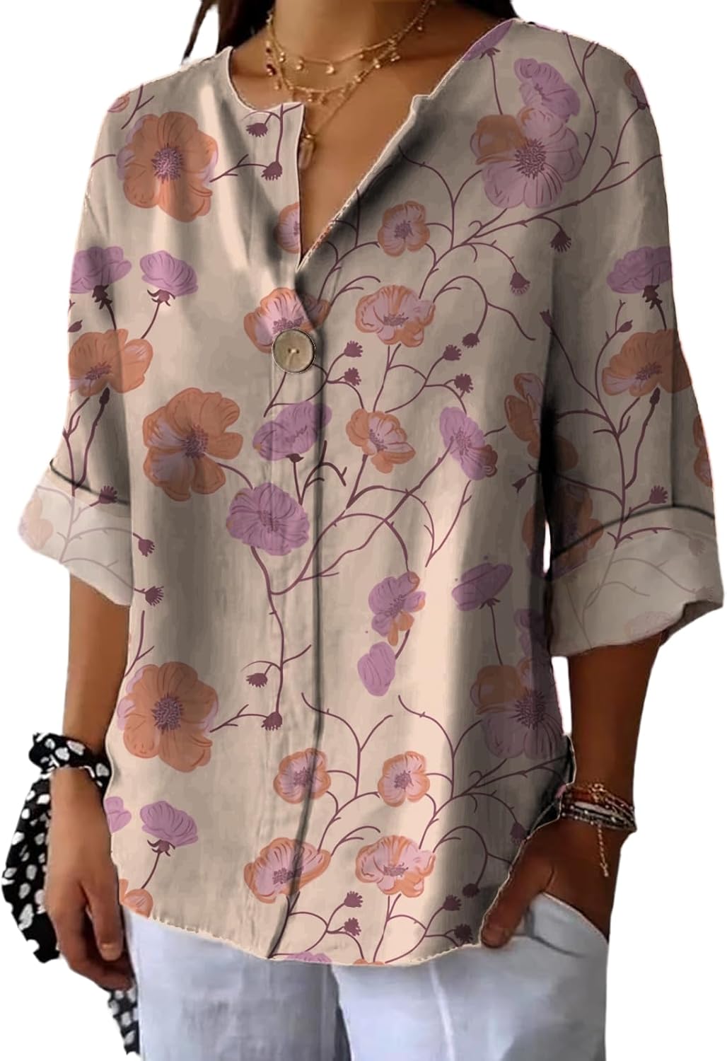 Hawaiian Shirts for Women Loose Vintage Graphic Floral Lightweight Button Down V Ne...