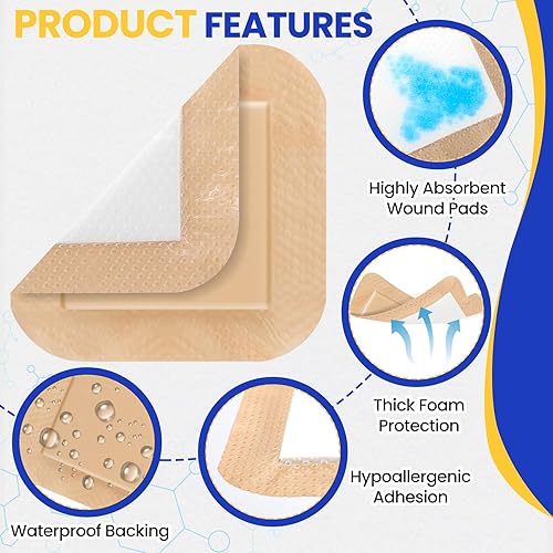 Miniatura 4 de Paquete de 20 apósitos de espuma de silicona de 4 x 4 pulgadas con borde adhesivo, vendajes de silicona de alta absorción, vendajes de espuma