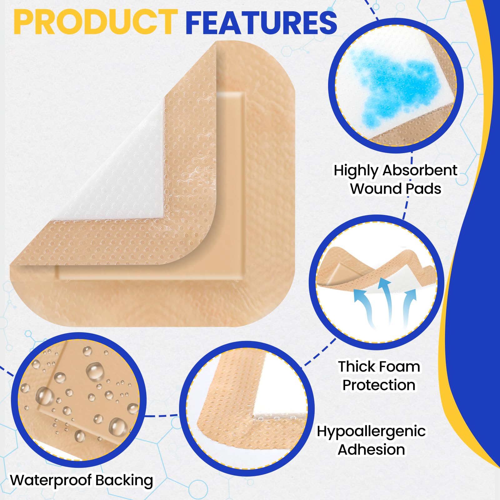 Confezione da 20 medicazioni in schiuma di silicone, 10,2 x 10,2 cm, con bordo adesivo, bende in silicone ad alta assorbenza, bende in schiuma impermeabili per la cura delle ferite, piaghe da decubito