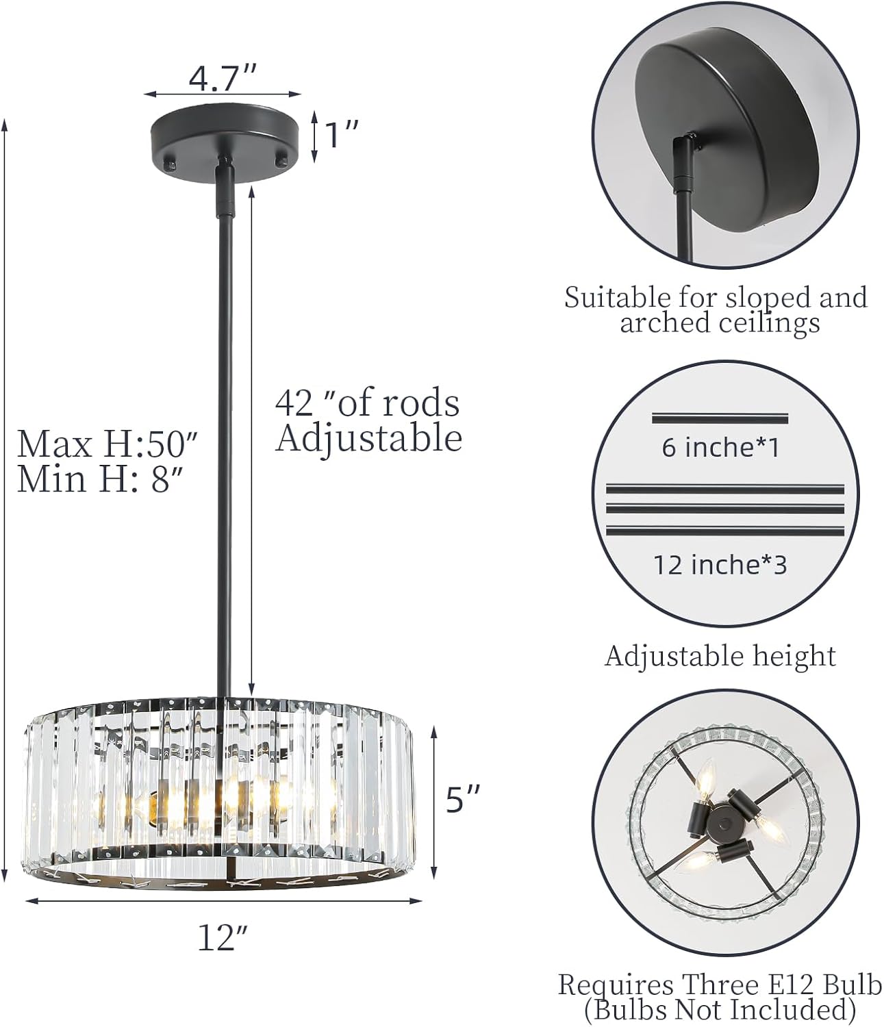 Black Crystal Chandelier for Dining Room,Modern Semi Flush Mount Ceiling Light Fixtures,3-Ligh Round Kitchen Hanging Drum Pendant Light Fixture for Hallway Entryway Foyer Laundry Room, 12''