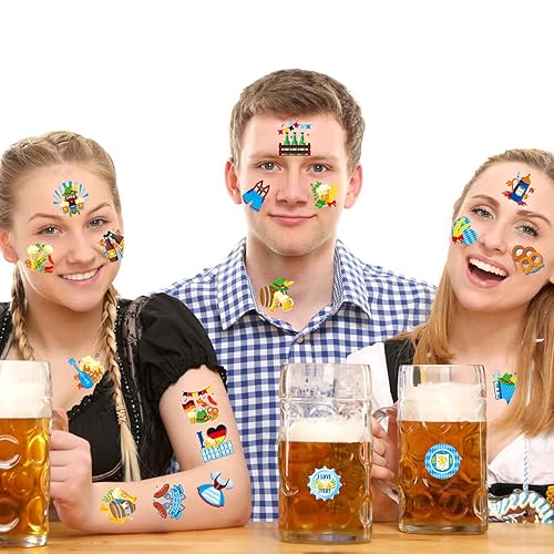 Miniatura 7 de 72 tatuajes temporales para el Oktoberfest con cara de cerveza, tatuajes falsos para decoración de fiesta temática de cerveza, suministros de