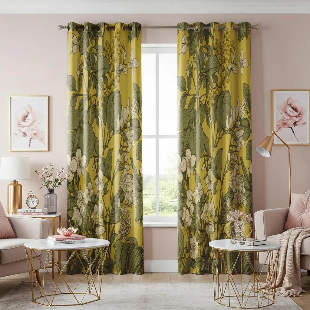 Rideaux en velours haut de gamme à motif floral jaune moutarde pour un salon chic