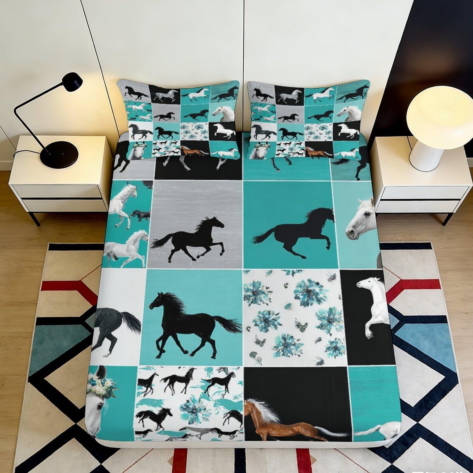 3D Printed Horse Pattern Fitted Sheet Soft Microfiber Deep Pocket Full Wrap for Adult Bedroom 3D Horses Mattress Fitted Cover Washable 90x200x25cm