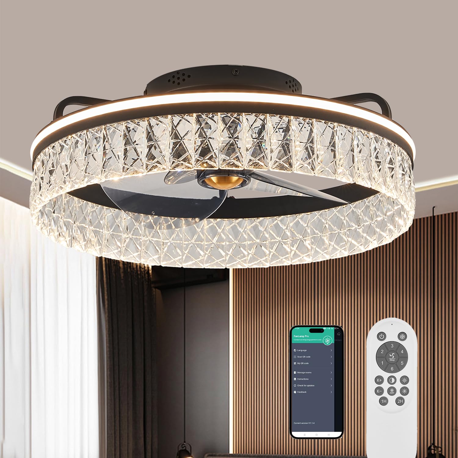 Photo 1 of YOLIZUOT Crystal Low Profile Ceiling Fan with Light - Modern Flush Mount Enclosed Ceiling Fan 20" LED Dimmable Bladeless Ceiling Fans with Remote Control,Smart 3 Light Color and 6 speeds Glass-2