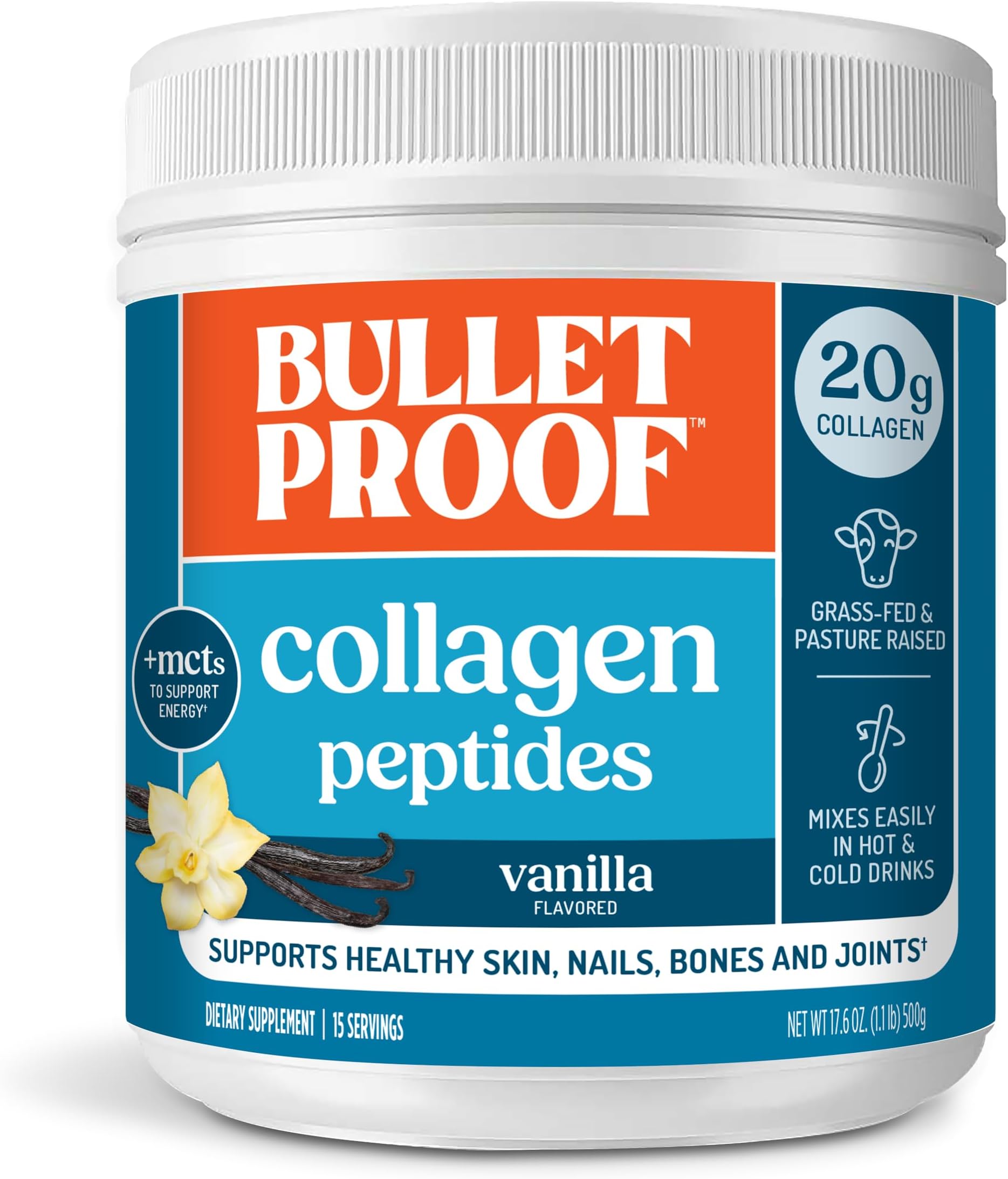 Vanilla Collagen Peptides Powder with MCT Oil, 17.6 Ounces, Grass-Fed Collagen Protein for Skin, Bones and Joints
