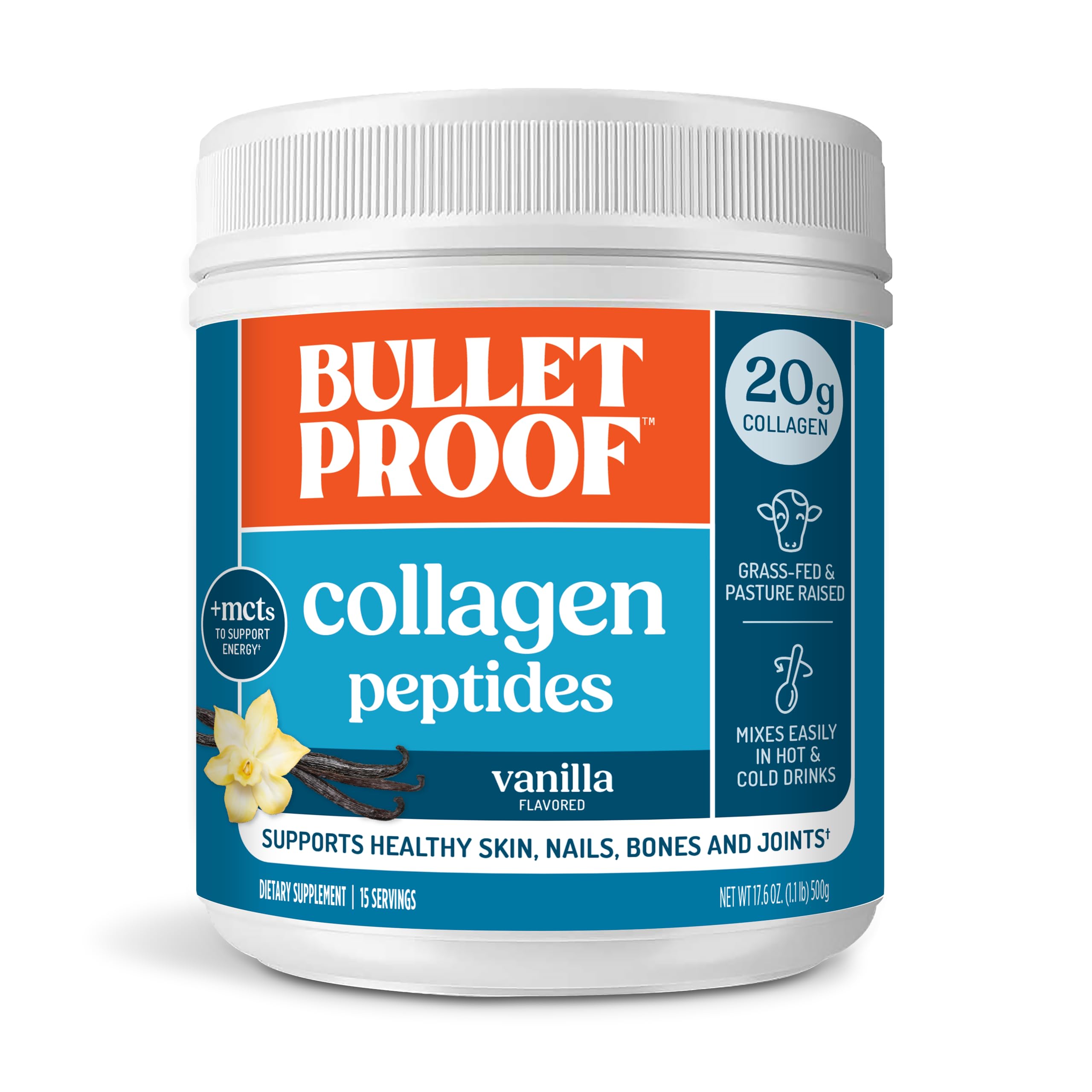 Bulletproof Vanilla Collagen Peptides Powder with MCT Oil, 17.6 Ounces, Grass-Fed Collagen Protein for Skin, Bones and Joints