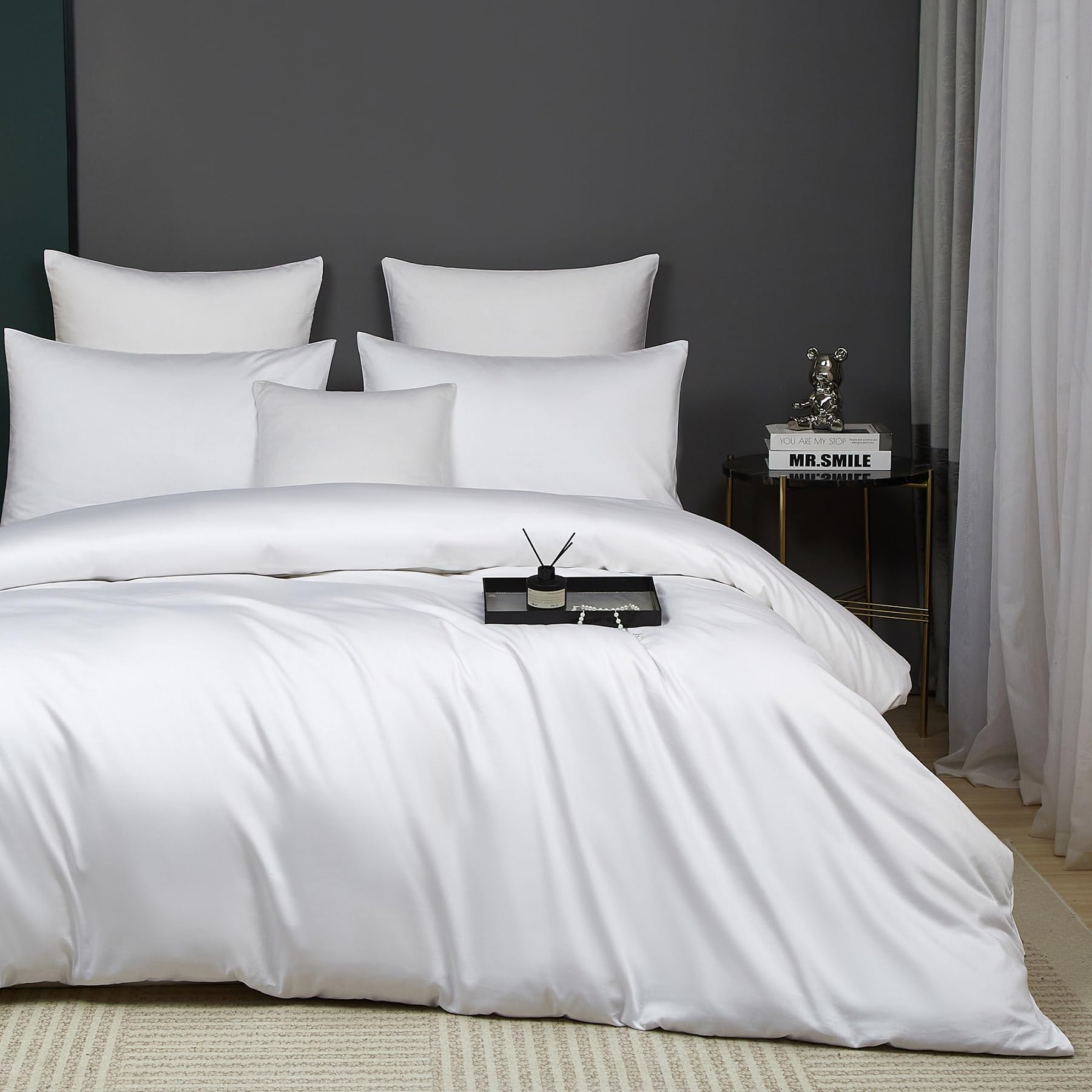 Luofanfei Mako Satin Baumwolle Bettwäsche 200x200 Weiß Kühlend Glatt Muster Atmungsaktiv Bettwäsche Set Weich und Bügelfrei Uni Bettbezug und 2 Kissenbezüge 80x80 cm