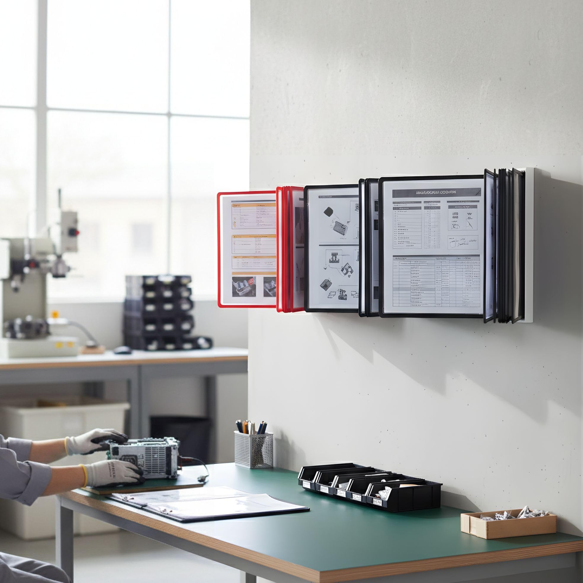 LEVIATAN Wand-Sichttafelsystem A4 | 10 Präsentationstafeln | Platzsparende Wandhalterung aus Metall | Für Büro, Lager und Produktion | Rot