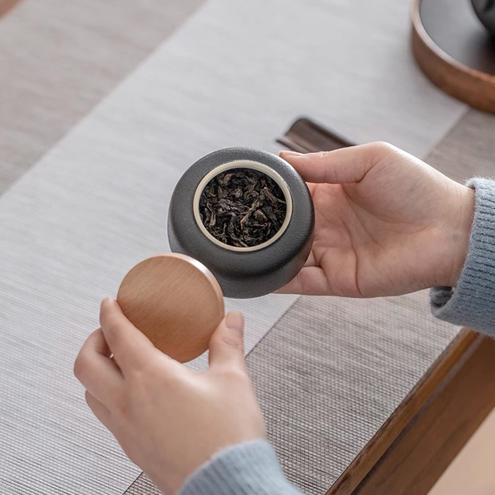 Ceramiczne pojemniki kuchenne, porcelanowy pojemnik do przechowywania żywności z hermetyczną drewnianą pokrywką i pudełkiem, pojemnik domowy, na ziarna kawy, liście herbaty, cukier, sól jezioro