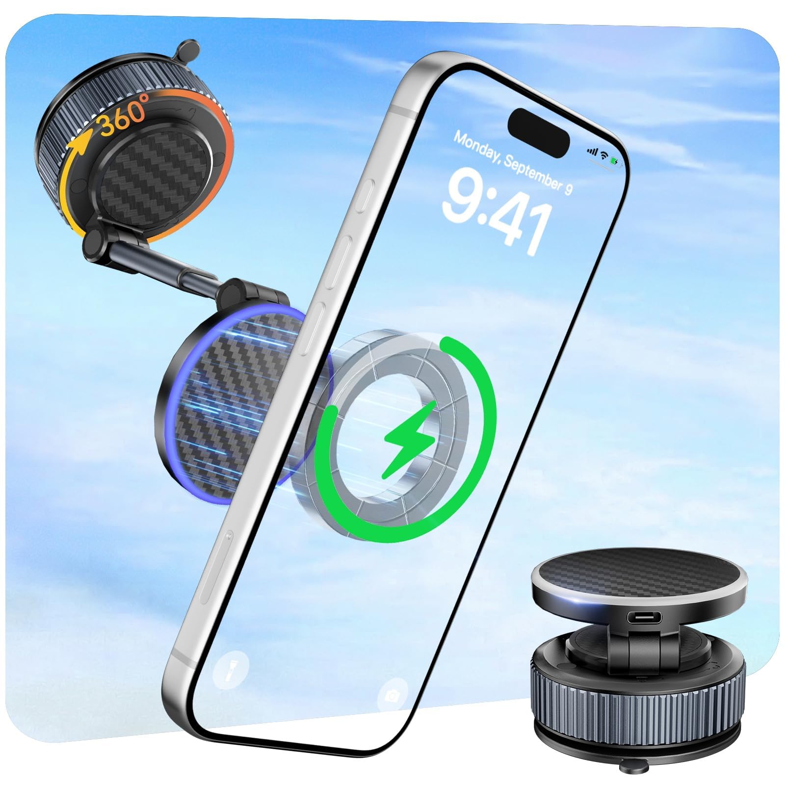 CloudValley Supporto Porta Cellulare Auto, Ricarica Wireless Magnetica 15W con Ventosa Suczione Vacuum Gel Nano Aggiornata, Regolabile 360° per Cruscotto/Parabrezza, Compatibile MagSafe iPhone 17-12