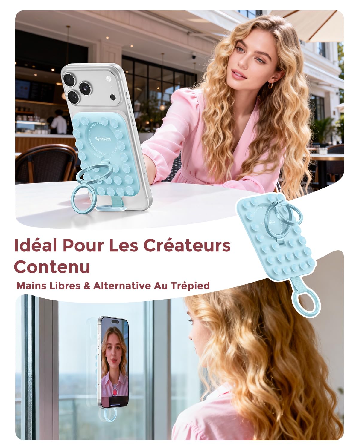 Syncwire Support Téléphone Magnétique en Silicone avec Ventouse Puissante – Anneau Magnétique Compatible MagSafe pour iPhone/Android, Mains Libres, Selfies & Vidéos TikTok, Bleu