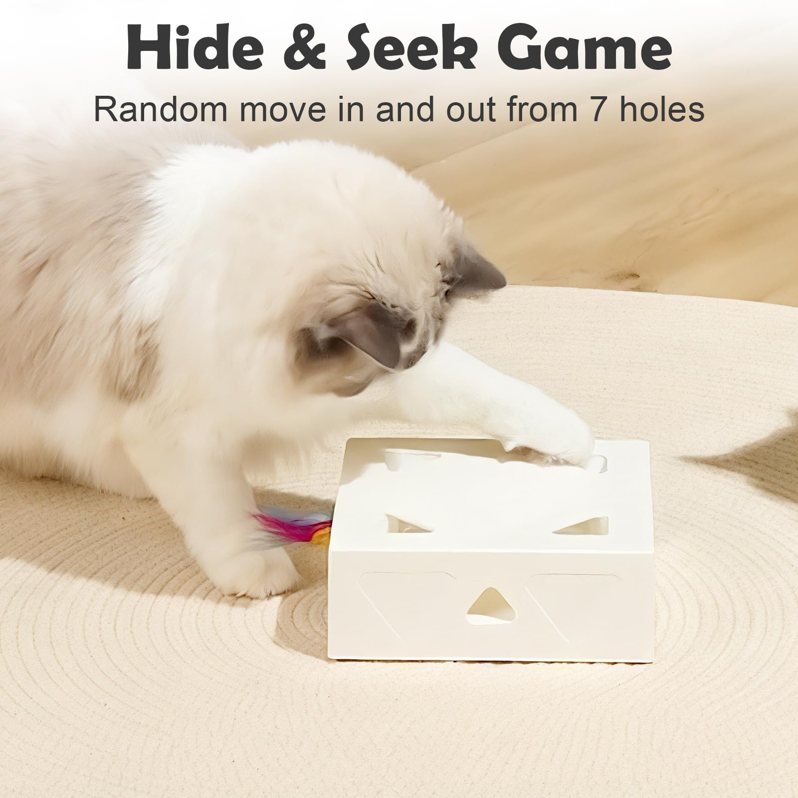 Migipaws Juguete interactivo para gatos blancos con bolsa de tela morada, juego de persecución de ratones alimentado por IA, sensor inteligente, recargable, duradero y divertido de pelota de bricolaje